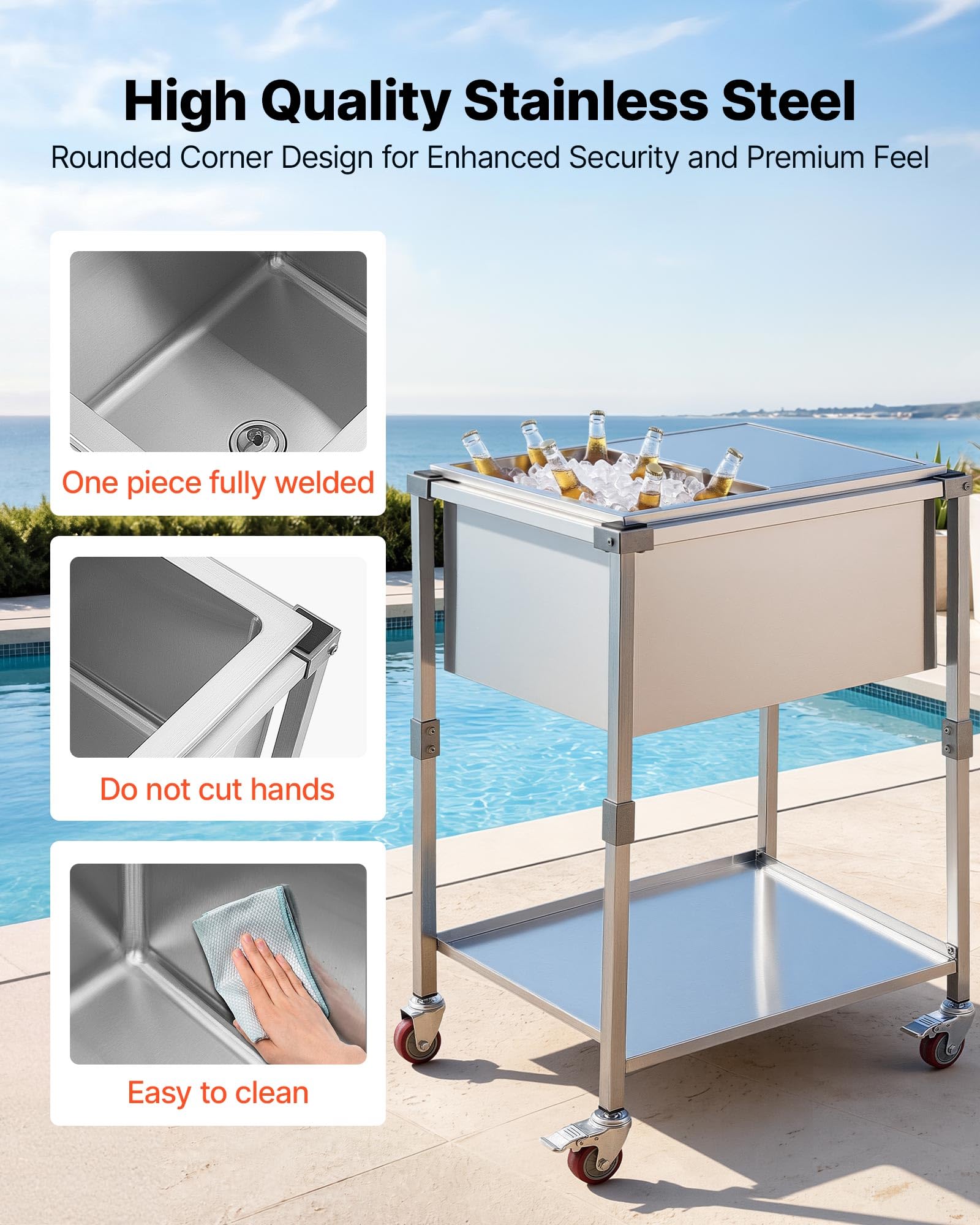 VEVOR Glacière à roulettes 42,4 L Refroidisseur de Boissons Mobile en INOX, pour Terrasse Restaurant Fête, Isolation Longue Durée sans Électricité, Desserte-glacière Passive Extérieur, Kit de Vidange