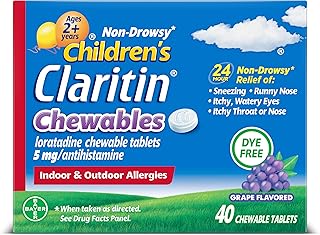 Claritin Children's Allergy Medicine, 24-Hour Non-Drowsy Loratadine 5mg Chewable Tablet, Antihistamine for Kids Ages 2 Years and Older, Grape Flavored, 40 Tablets