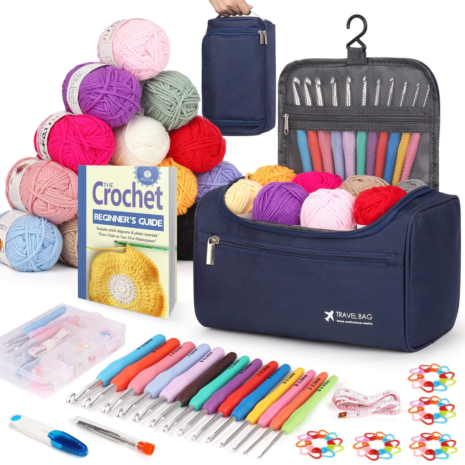 Reessy Crochet Kit, Complete Crochet Kits for Beginners Adults with 15Pcs × 25g Yarn Knitting Accessories, Beginners Crochet Kit with Crochet Bag, Crochet Kits for Adults Learn to Crochet- Dark Blue