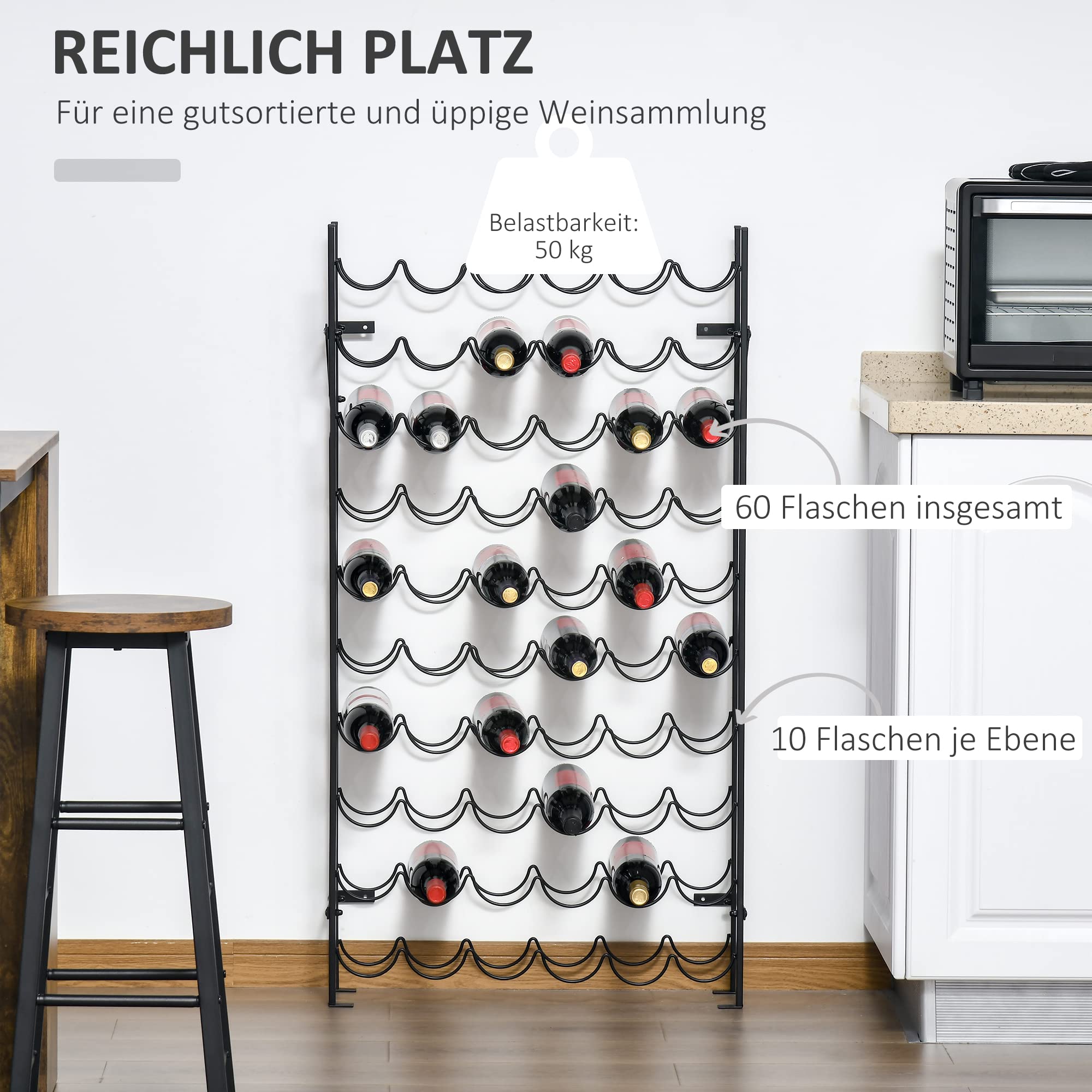 HOMCOM Botellero para 60 Botellas de Vino, Soporte para Pared, Metal, Color Negro