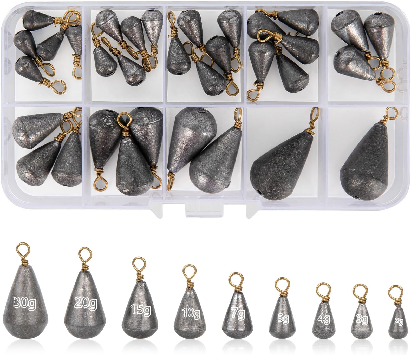 DINGBLUE 33 Pcs Fishing Weights, Mixed 9 Sizes Deep Sea Fishing Weights 2g 3g 4g 5g 7g 10g 15g 20g 30g Iron Fishing Sinkers Tackle Kit with Swivel for River Saltwater Freshwater