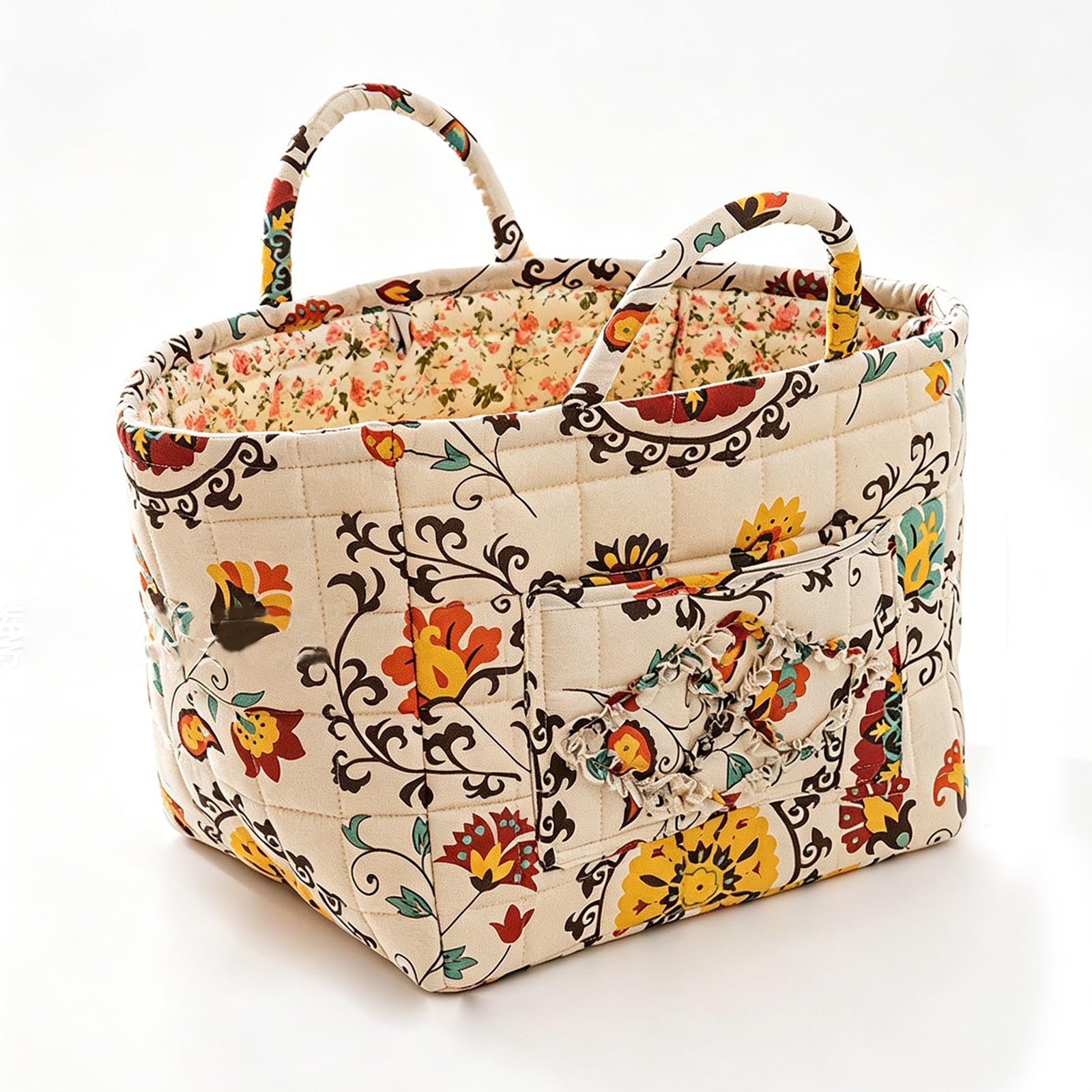 Quilted Floral Fabric Storage Basket with Front Pocket & Reinforced Handles, 23L Large Capacity Foldable Decorative Organizer Bin for Bedroom Closet Clothes Sundries(10)