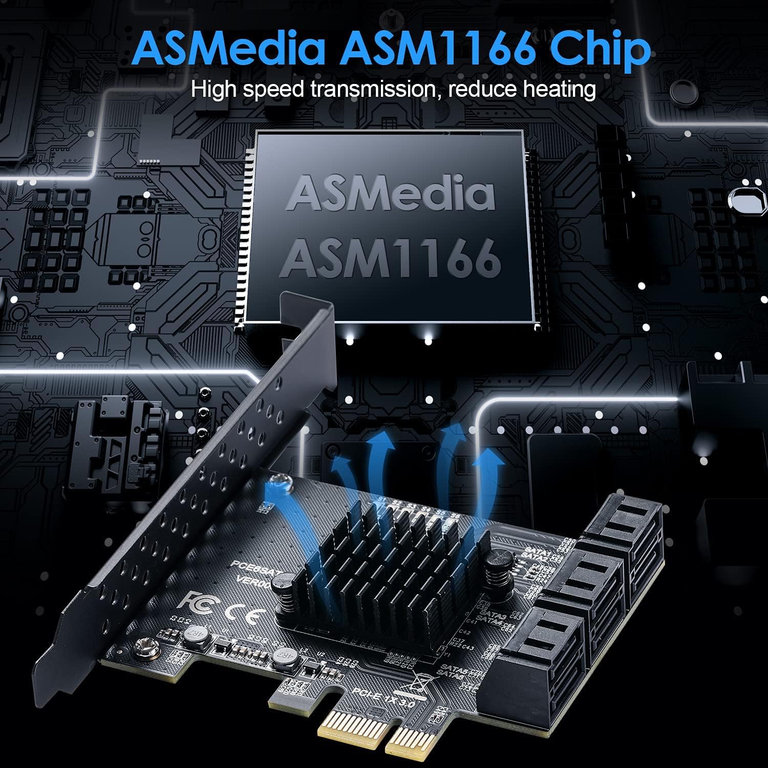 Carte D'extension PCIE SATA 6 Gbit/s PCIE 6 Ports PCIE 1X SATA, Contrôleur SATA, Chipset PCI-E 3.0 GEN3 ASM1166 - avec 6 Câbles SATA et Support Plat