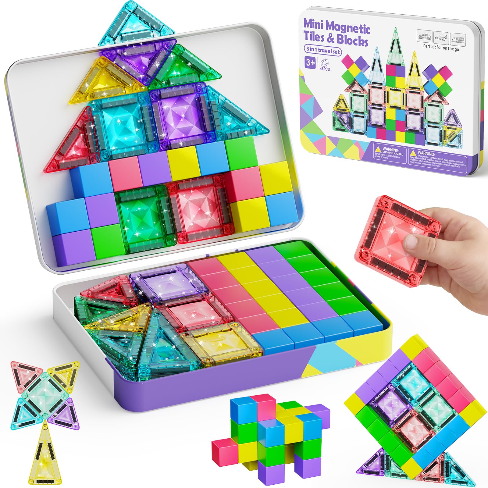 burgkidz Magnetbausteine Reise-Set 48 Teile – 3-in-1 Kompatible Magnetfliesen und Blöcke (3,75 cm / 1,875 cm) mit Ultraleicht-Metallbox für unterwegs, STEM Lernspielzeug für Kinder ab 3 Jahren