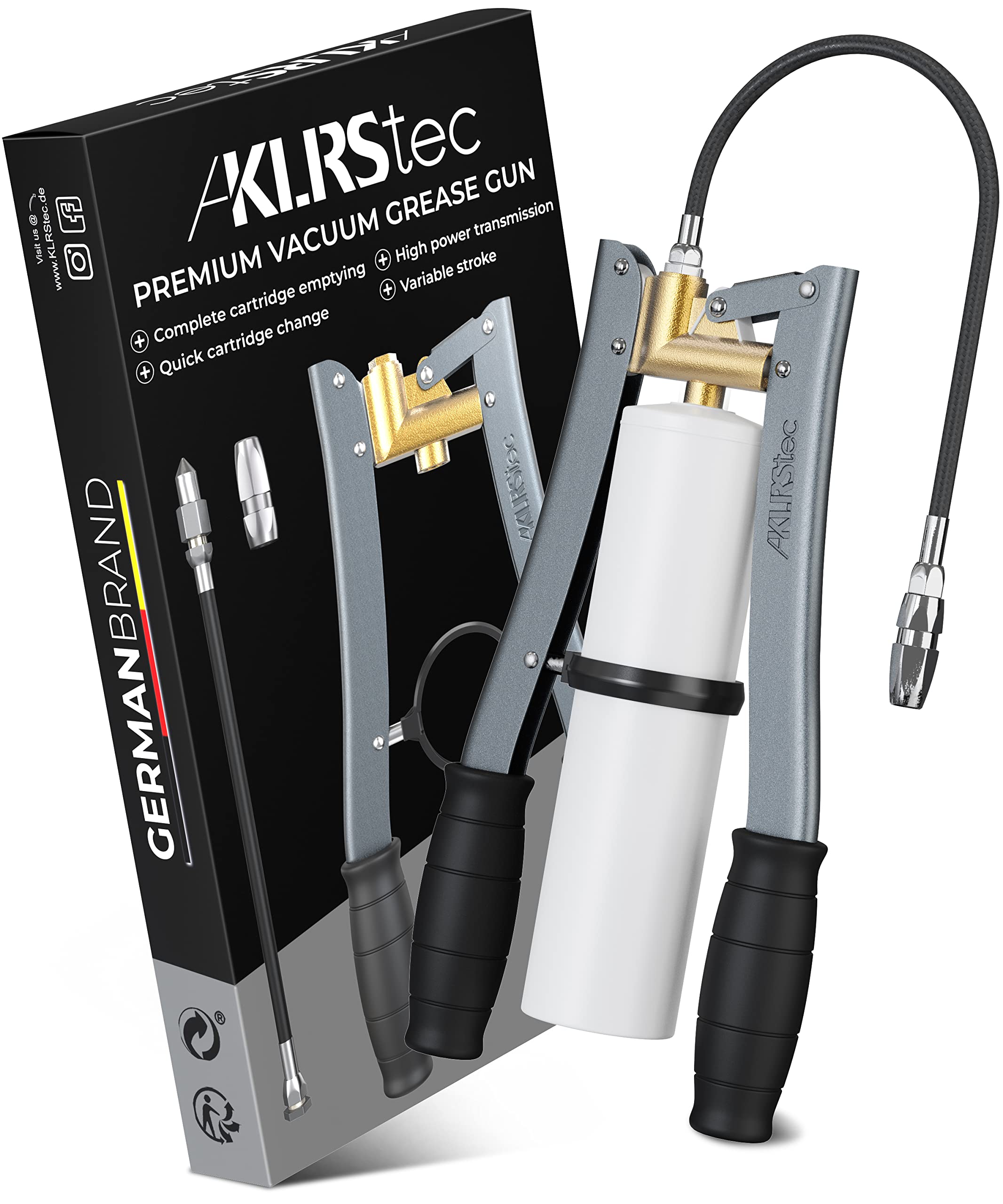 KLRStec® Premium Grease Gun - High pressure system grease gun for grease nipples with variable stroke incl. gripper coupling and high pressure hose.