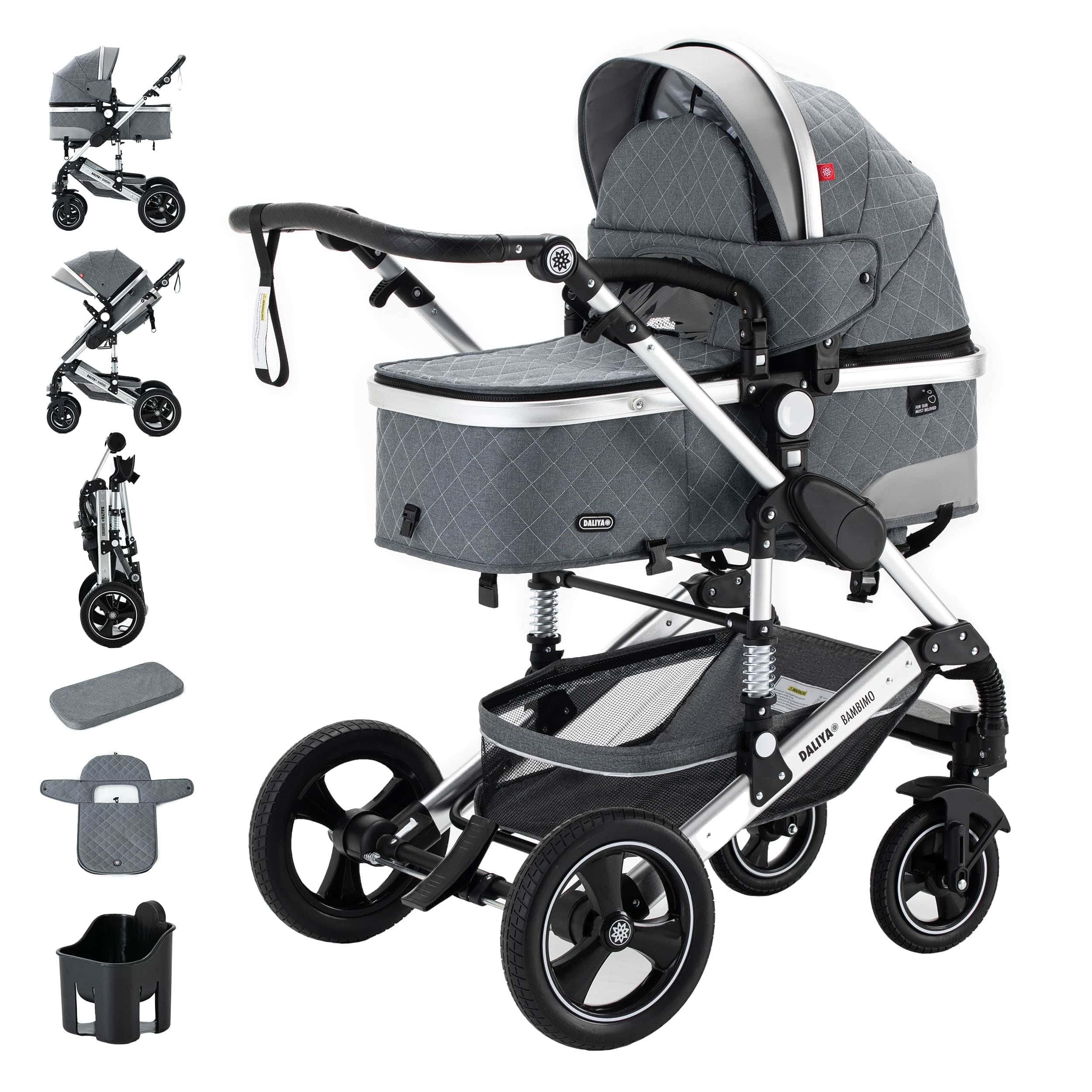 Daliya® BAMBIMO 2in1 Kinderwagen | Kombikinderwagen mit Aluminium-Gestell & Federung | Umbaubar zum Buggy | Wenderichtung beidseitig | Klappbar & platzsparend | Airless-Räder (Grau - Rahmen Silber)