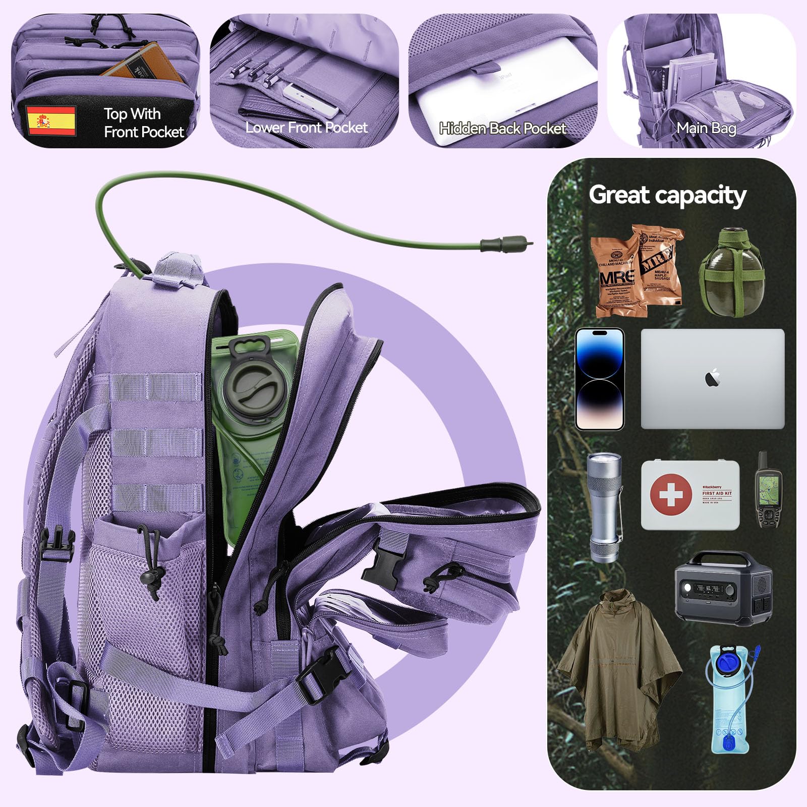Delgeo Mochila Tactica 45L Militar, Gran Capacidad 45 * 30 * 20cm Mochila Crossfit, Plegable Impermeable Mochila Para Montañismo,Senderismo,Camping y Viajes (Púrpura)