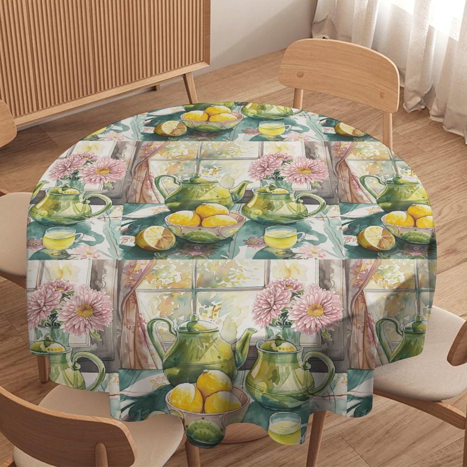 Nappe ronde lavable à motif théières pour protéger et décorer la table sans effort