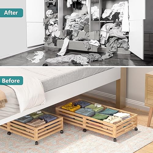 Miniatura 6 de Contenedores de almacenamiento de bambú para debajo de la cama, organizador debajo de la cama con ruedas con bolsa de polvo de gran capacidad