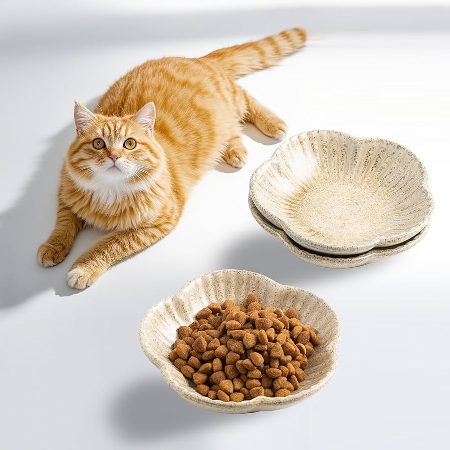 Cat Food Bowls, Ceramic Pet Plates, Cat Dish for Food, Water and Snack, 4.72 Inch, Indoor and Outdoor Use, Kitten Puppy and Small Animals Bowls Set of 3 (Camel)