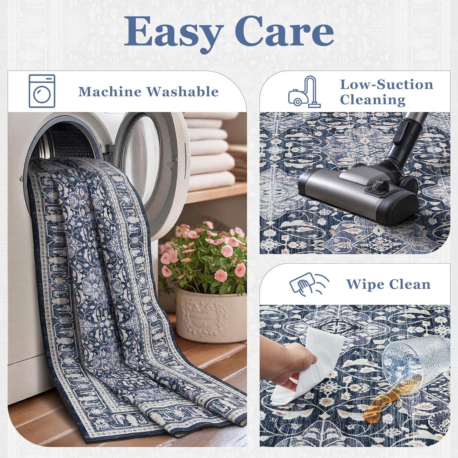 Dark Blue 5x7 Area Rugs for Living Room Bedroom, Transitional Boho Moroccan Floral Trellis Printed, Washable Non Slip Low Pile Ultra Thin Soft Carpet Rugs for Dining Room/Kitchen/Home Office - Image 7