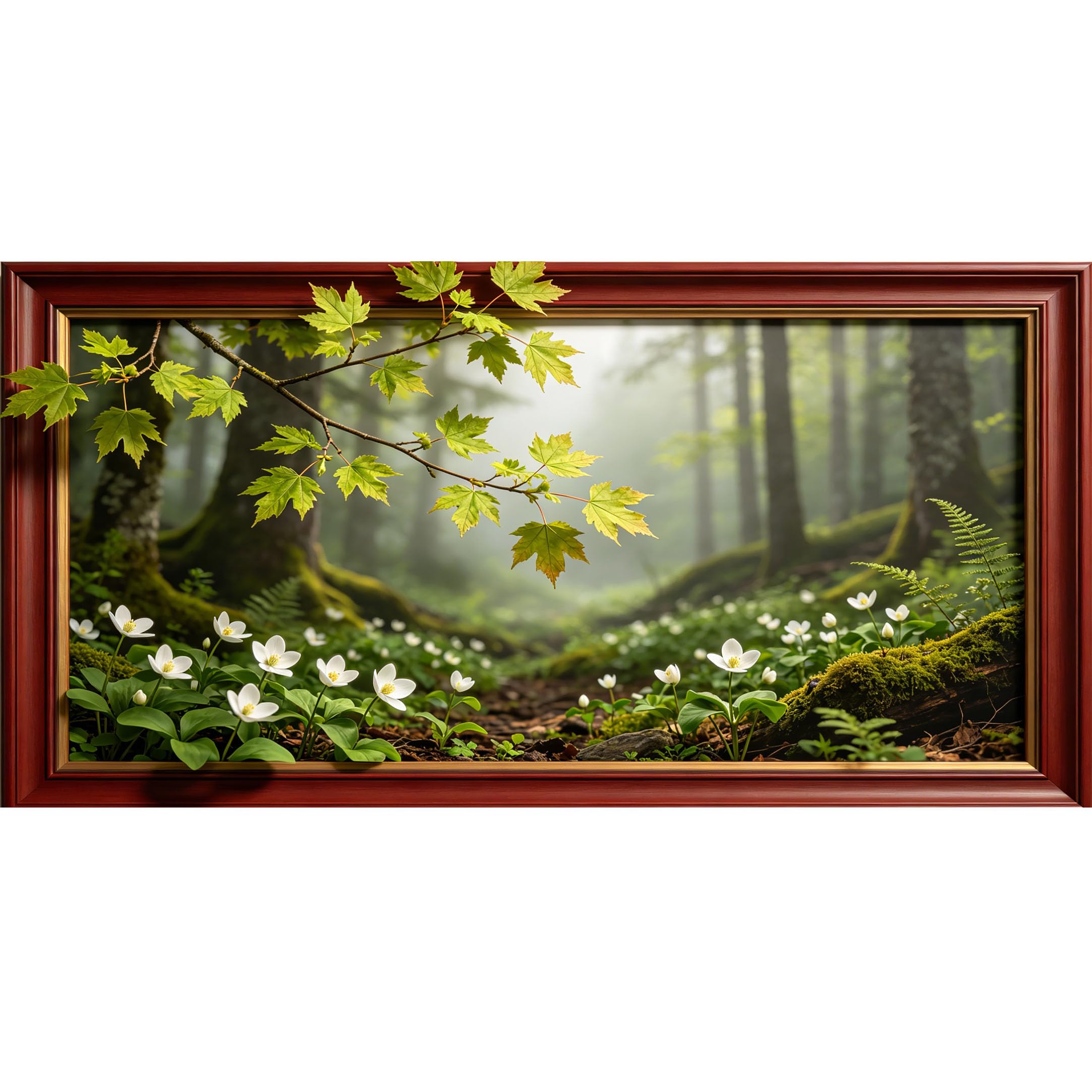 Agglomerix 3D Framed Wall Art Misty Forest Botanical Maple Branch White Wood Anemone Moss Log Landscape Large Size SelfAdhesive Removable Wall Decor Prints Artwork for Living Room Bedroom Office