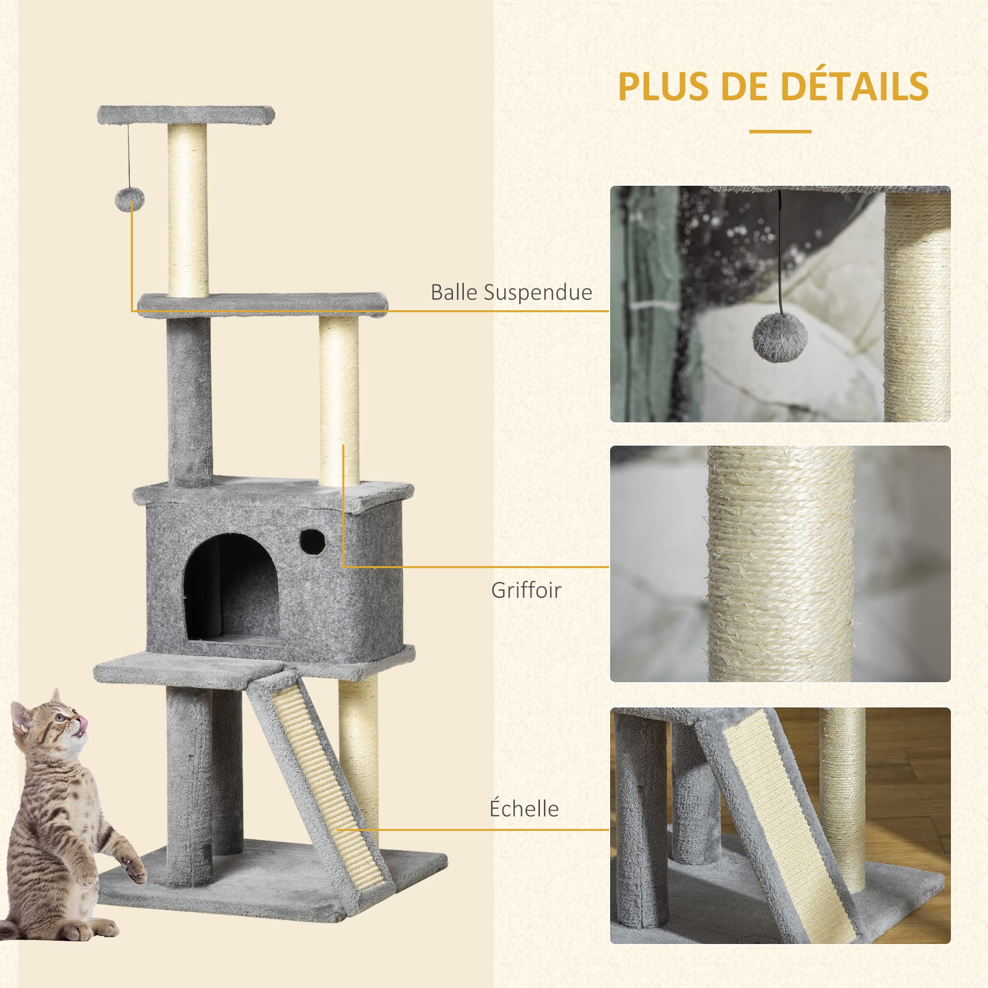 PawHut Arbre à Chat Griffoir Grattoir Tour de Jeu avec Niche 125 cm Gris | Plate-Formes, Balle Suspendue