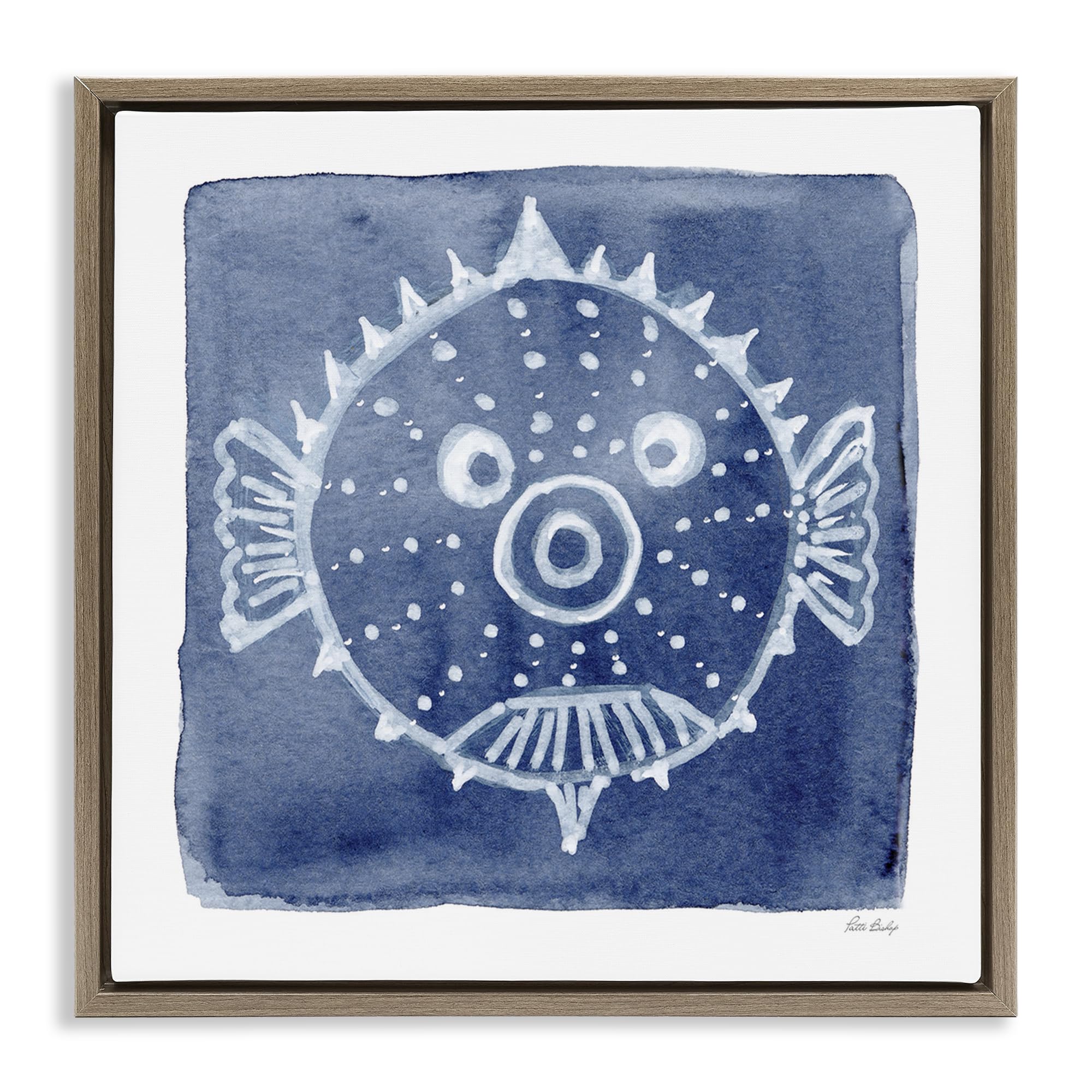 Stupell Industries Whimsical White Blowfish Indigo 'White Blow Fish On Indigo', Floating Frame Canvas Art, Brown, 25 X 25 Inches, Easy To Hang And Sturdy, Made In Usa, By Patti Bishop