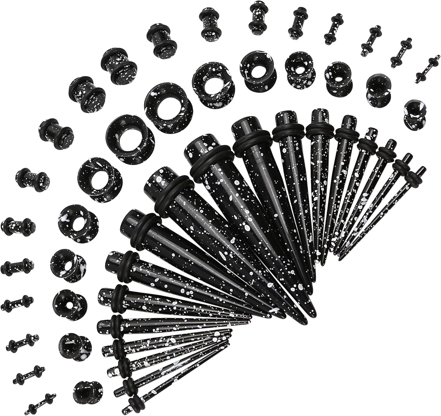 50pcs Ear Stretching Kit Gauges for Beginners: Gauging Lobe Starter Tapers, Heart Tunnel Earrings, Lightweight Acrylic Plugs, 14G-12mm Piercing Expanders for Women and Men (Black & White Splatter)