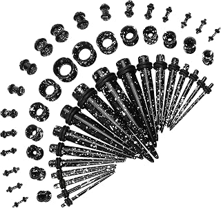 Marsrut 50pcs Ear Stretching Kit for Beginners: Acrylic Tapers, UV Plugs & Heart Tunnels 14G-00G Black White Splatter Gauges