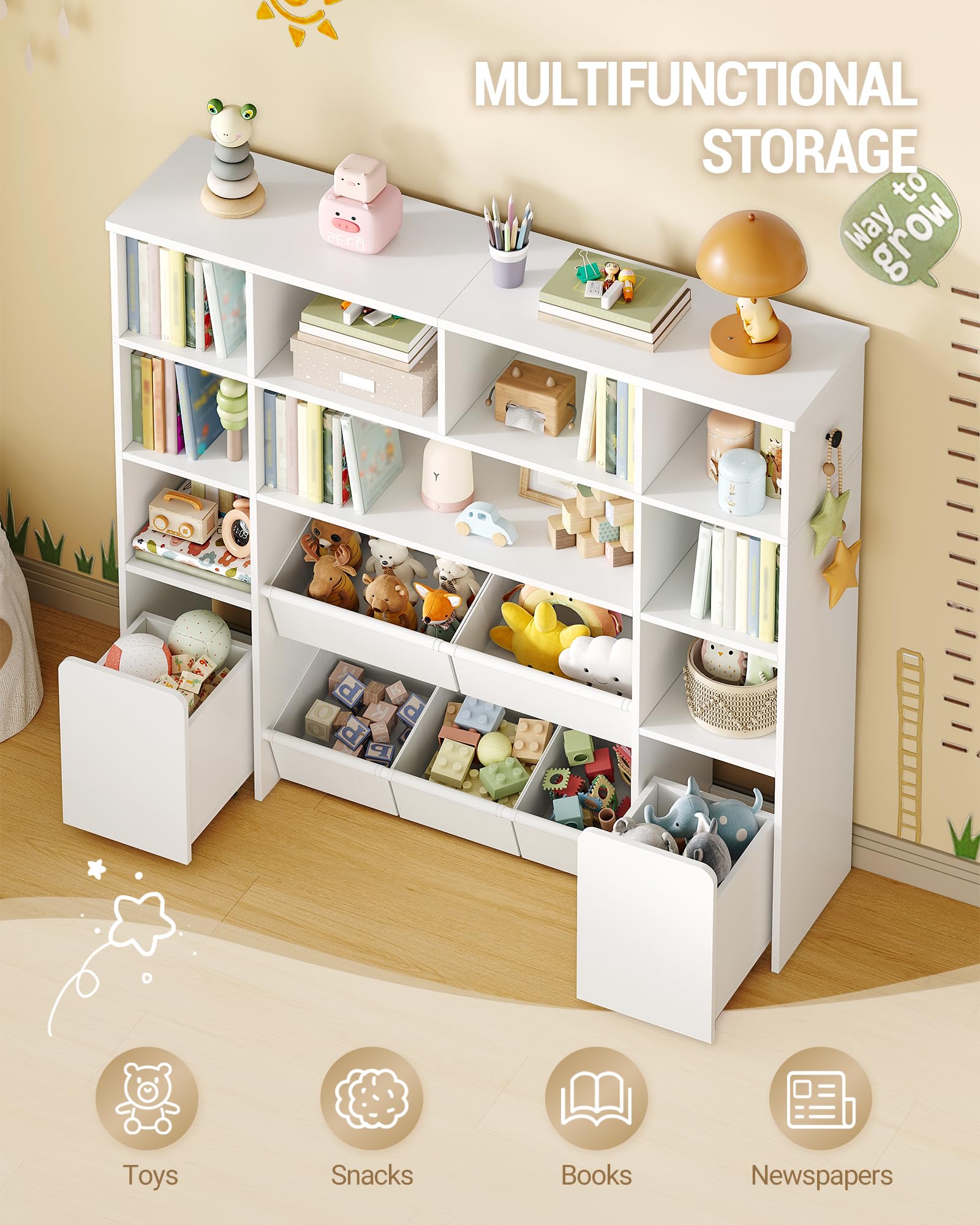 Hzuaneri Bibliothèque Enfant avec 2 Coffre de Rangement à roulettes, Meuble Rangement Enfant à 4 Niveaux, Étagère à Jouets, étagère pour Chambre d'enfant, Bureau Blanc, 30 x 140 x 120 cm KB75203W