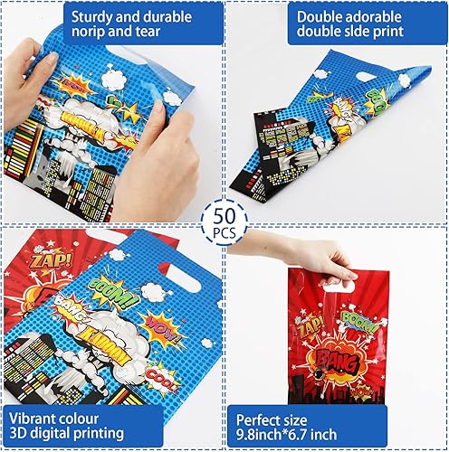Miniatura 3 de 50 bolsas de regalo de héroe con temática de héroe de feliz cumpleaños, bolsas de regalo de héroe de acción de héroe, bolsas de regalo de plástico