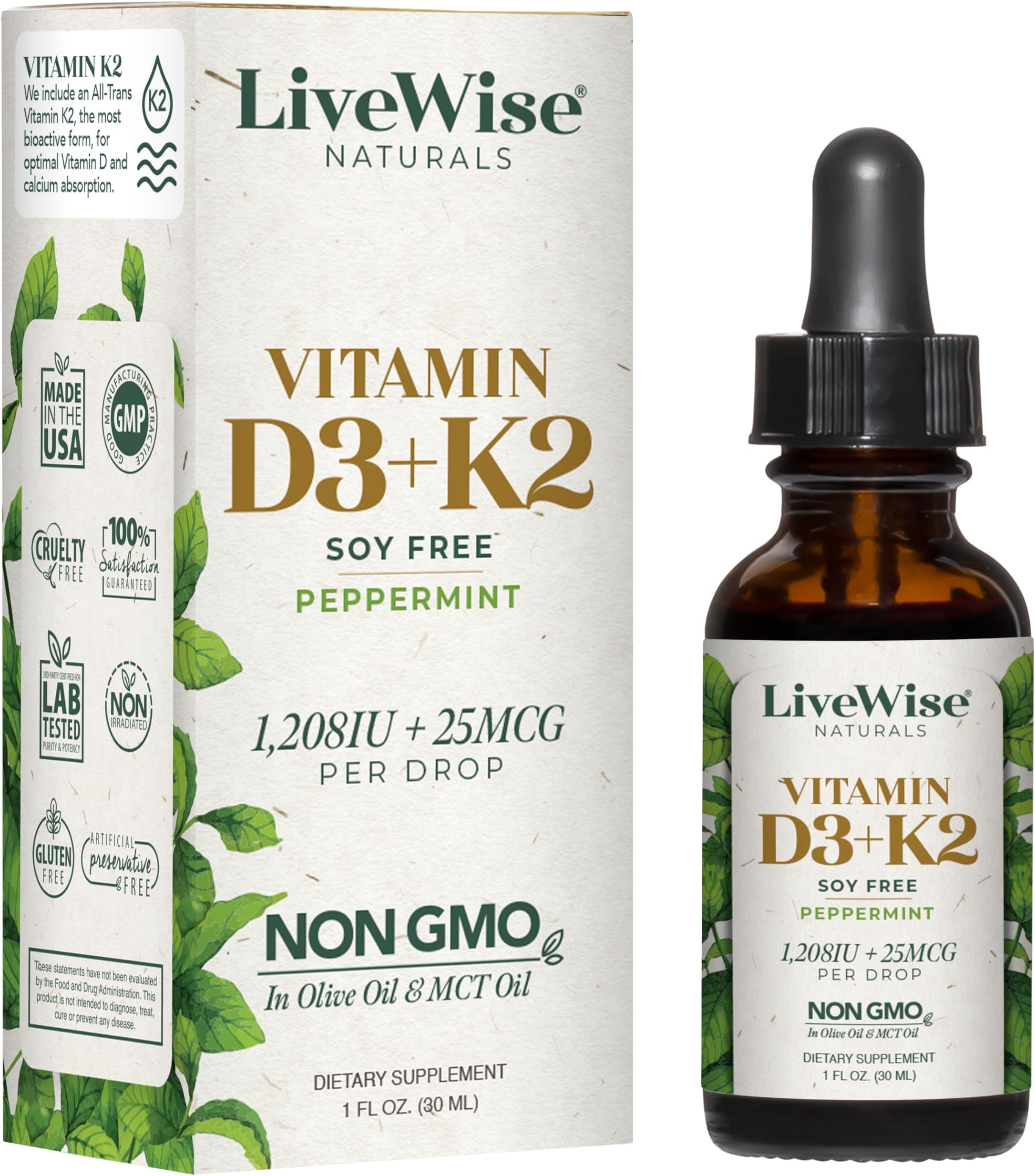 Vitamin D3 with K2 Liquid Drops, All Natural, Non GMO