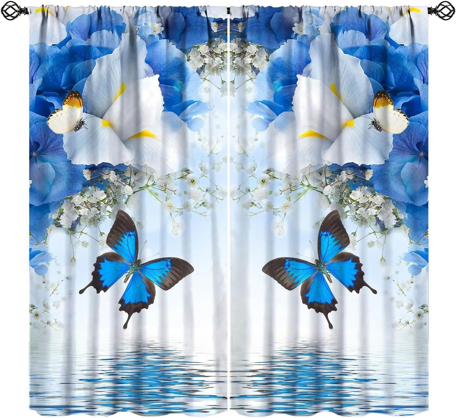Blue Butterfly Flower Curtains for Kids Girls Bedroom Decor Colorful Butterflies Romantic Spring Floral Art Printed Cafe Kitchen Living Room Rod Pocket Blackout Window Drapes W27.5xL63in 2 Panels