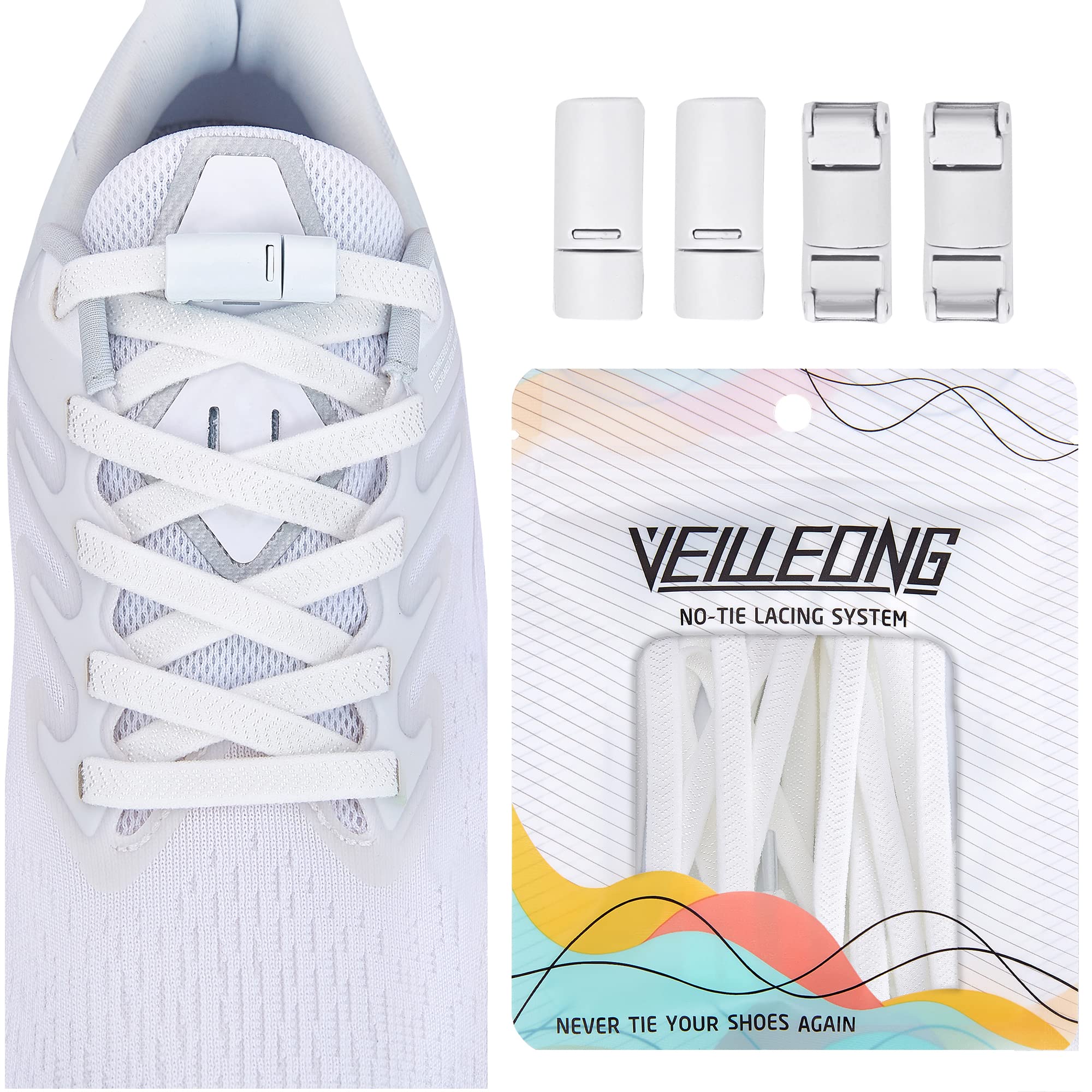 2 Pairs No Tie Elastic Shoelaces for Kids & Adults，Elastic Tieless Shoe Laces, One Size Fits All, 2 Pair White, XL