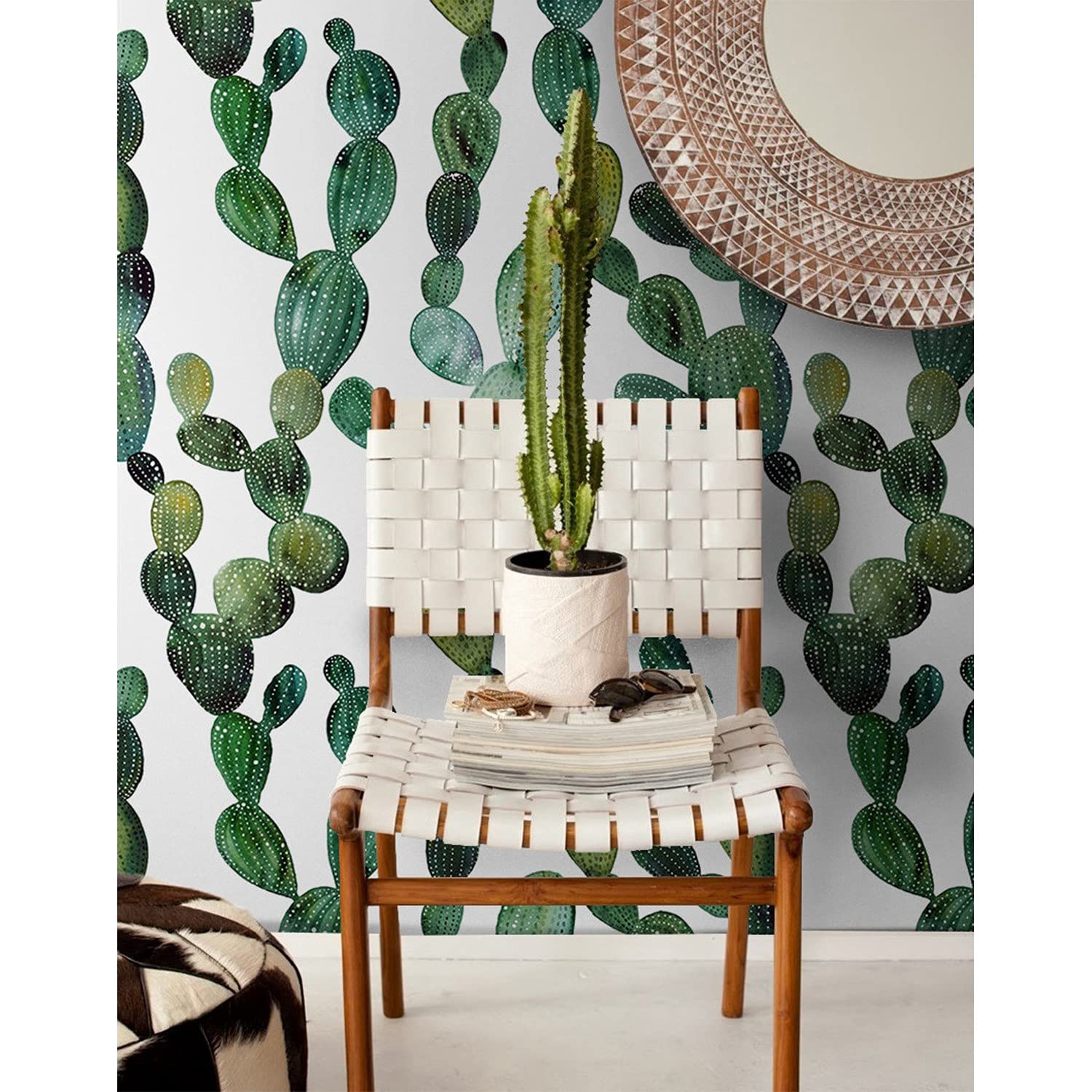 Papier peint cactus boho 416x254cm pour masquer les imperfections murales et décorer le salon