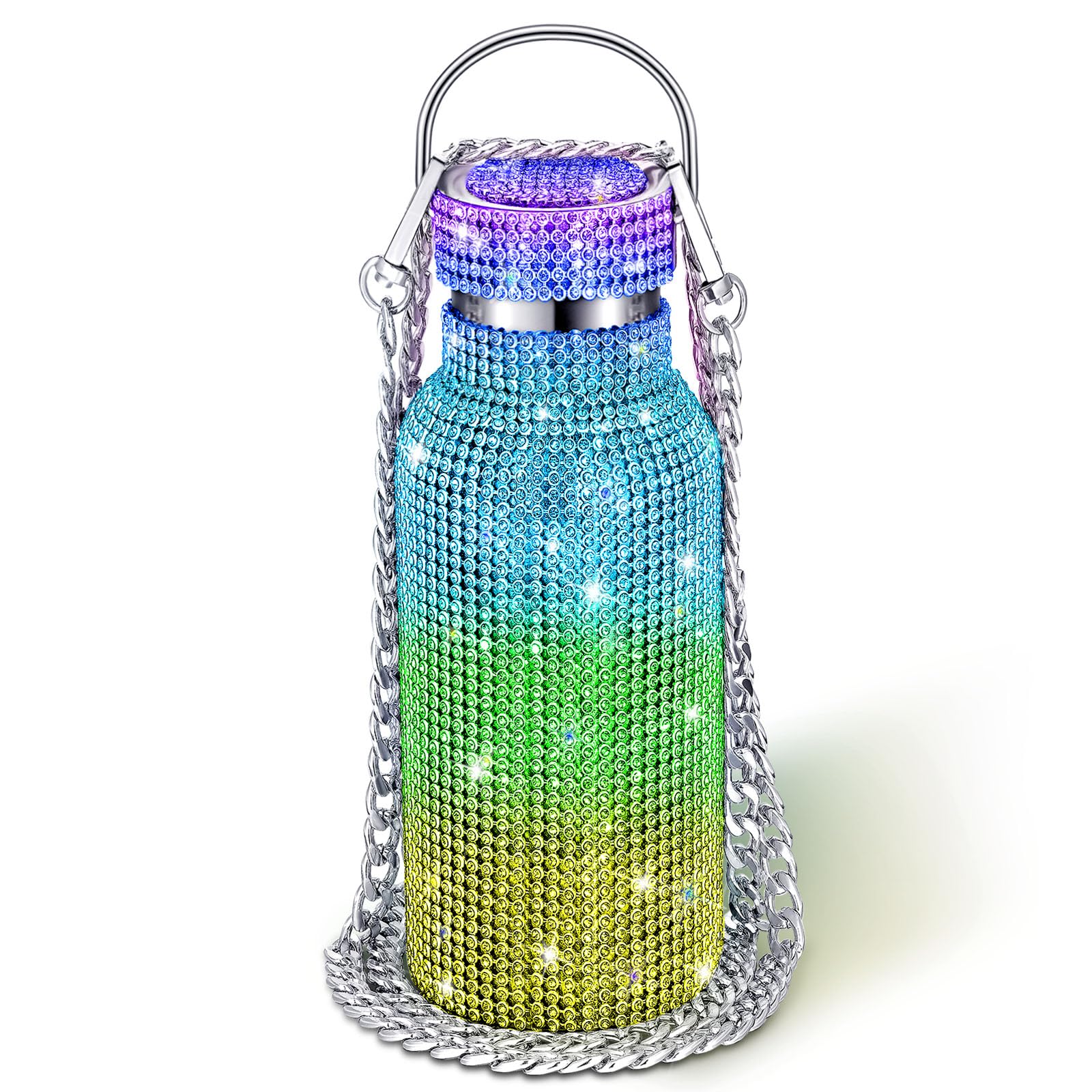 Geiserailie Diamond Water Bottle Bling Rhinestone Stainless Steel Thermal Bottle Refillable Insulated Glitter Water Jug with Chain for Women Girls Gifts(500 ml,Rainbow) — image 1