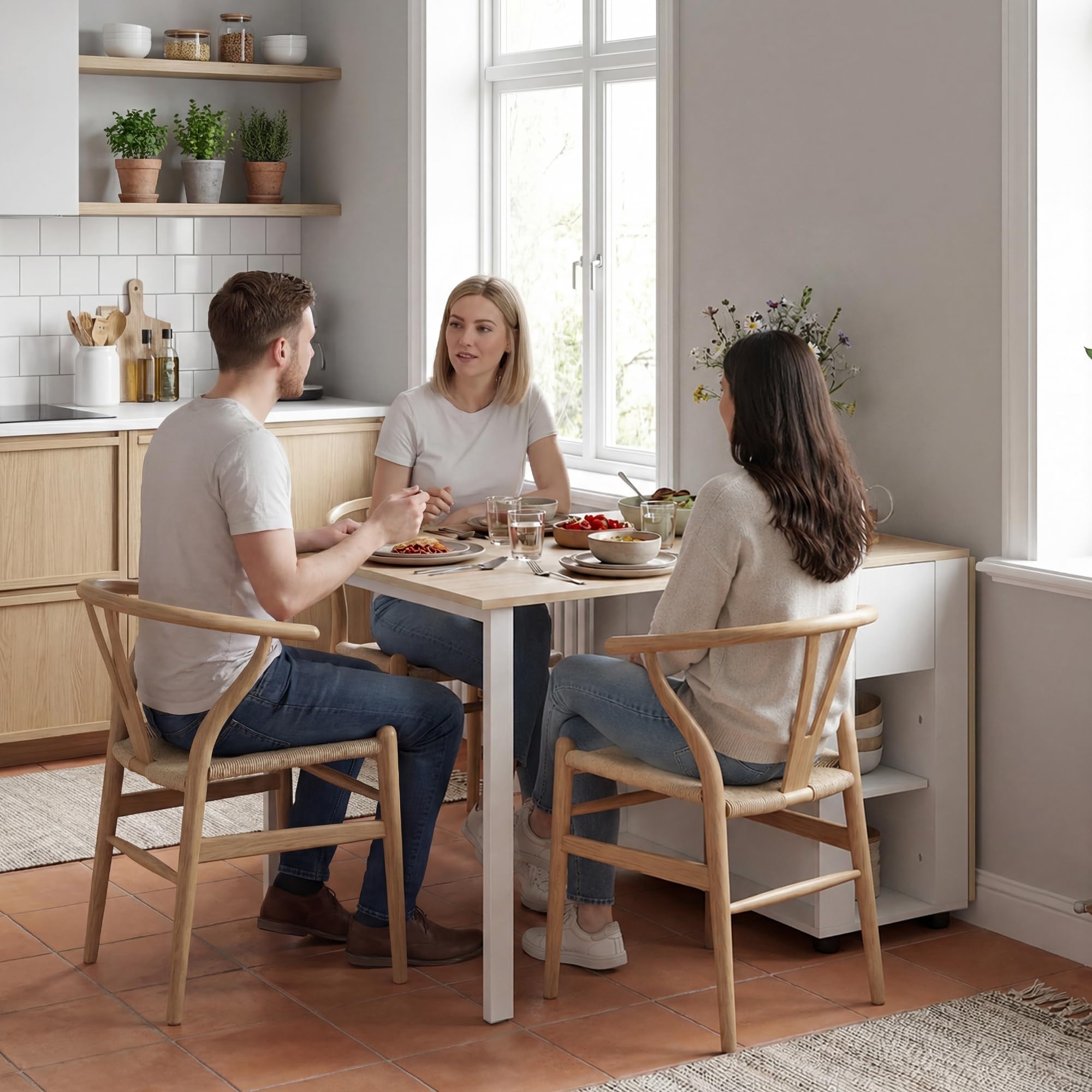 HOMCOM Table à Manger Pliante pour 6 Personnes 39-168 cm 2 Tiroirs Blanc | Table de Cuisine Rectangulaire, 2 Abattants, 4 Étagères Ouvertes, Pieds en Bois de Pin, Petit Espace, Salle à Manger