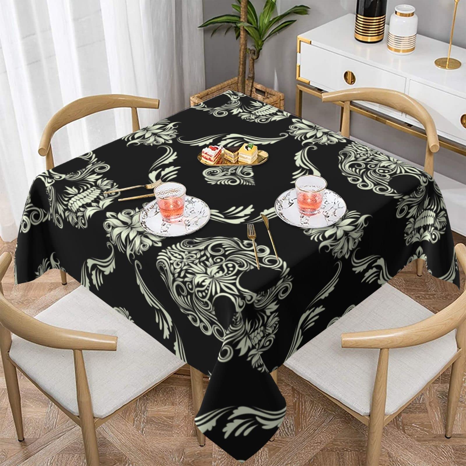 Nappe carrée motif floral et tête de mort pour table de salle à manger