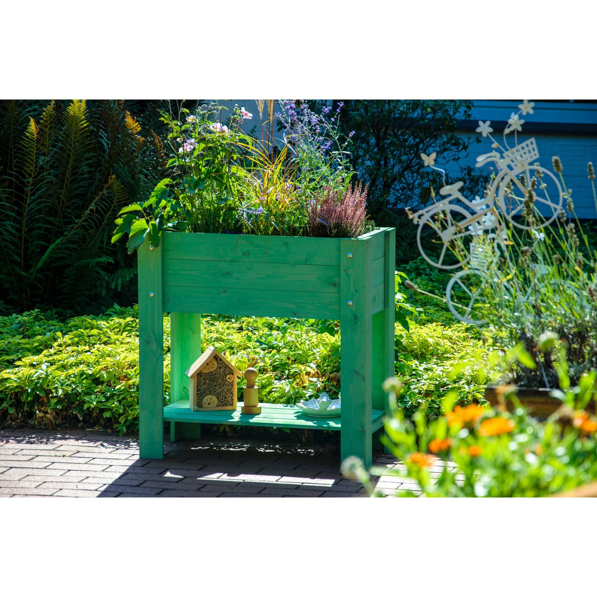 dobar 58292FSCe – Elegante bancal Alto Urban con Superficie de Almacenamiento – Bancal Elevado para Verduras con lámina – Jardinera Verde Menta para balcón, jardín y terraza
