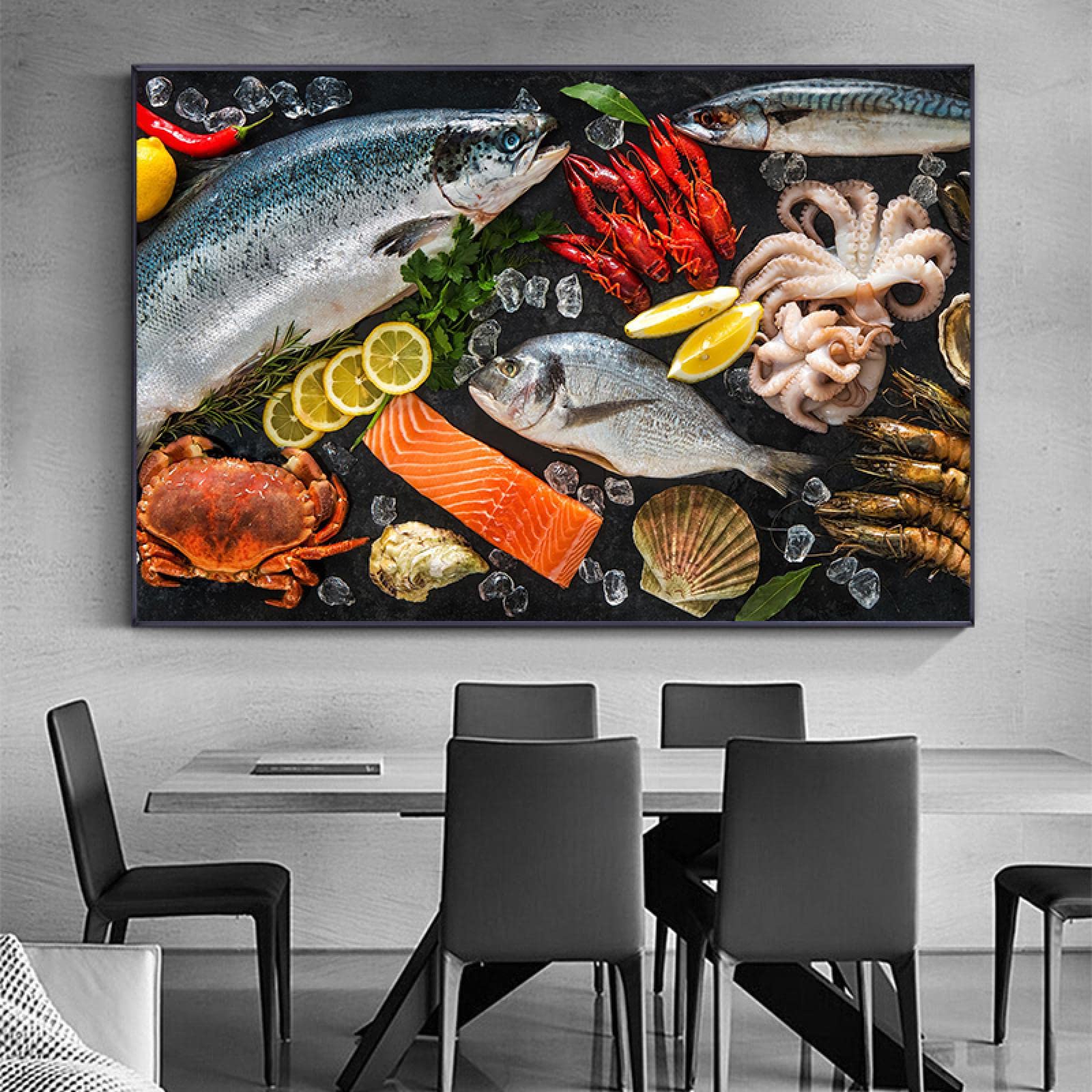 Tableau poisson et crustacés pour décorer un grand mur de salon