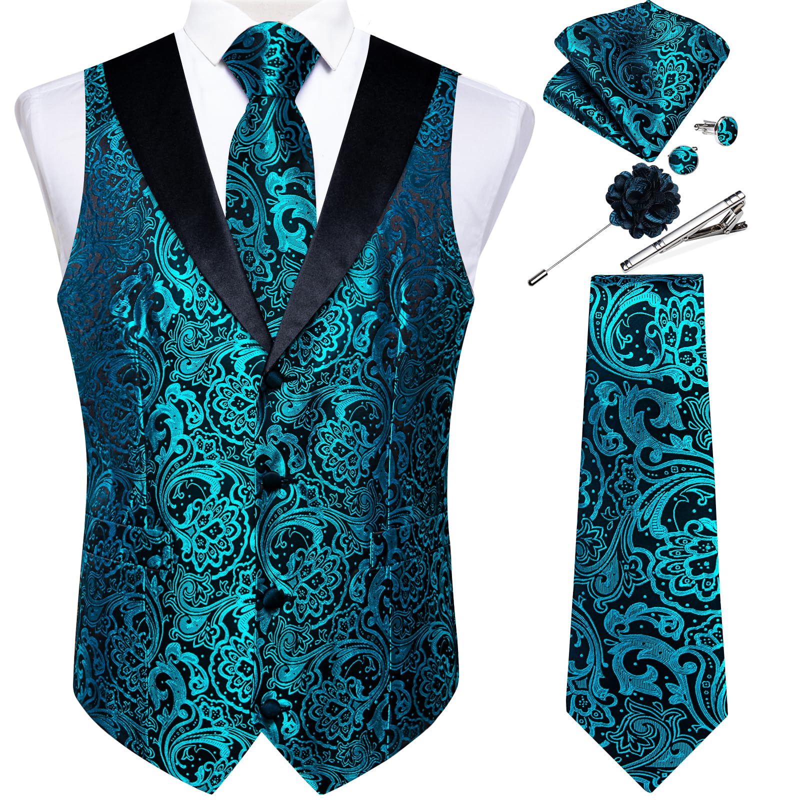 DiBanGu Mens Paisley Suit Vest Silk Jacquard Waistcoat and Necktie Set Formal Shawl Collar Dress Vest 7PCS for Wedding Party