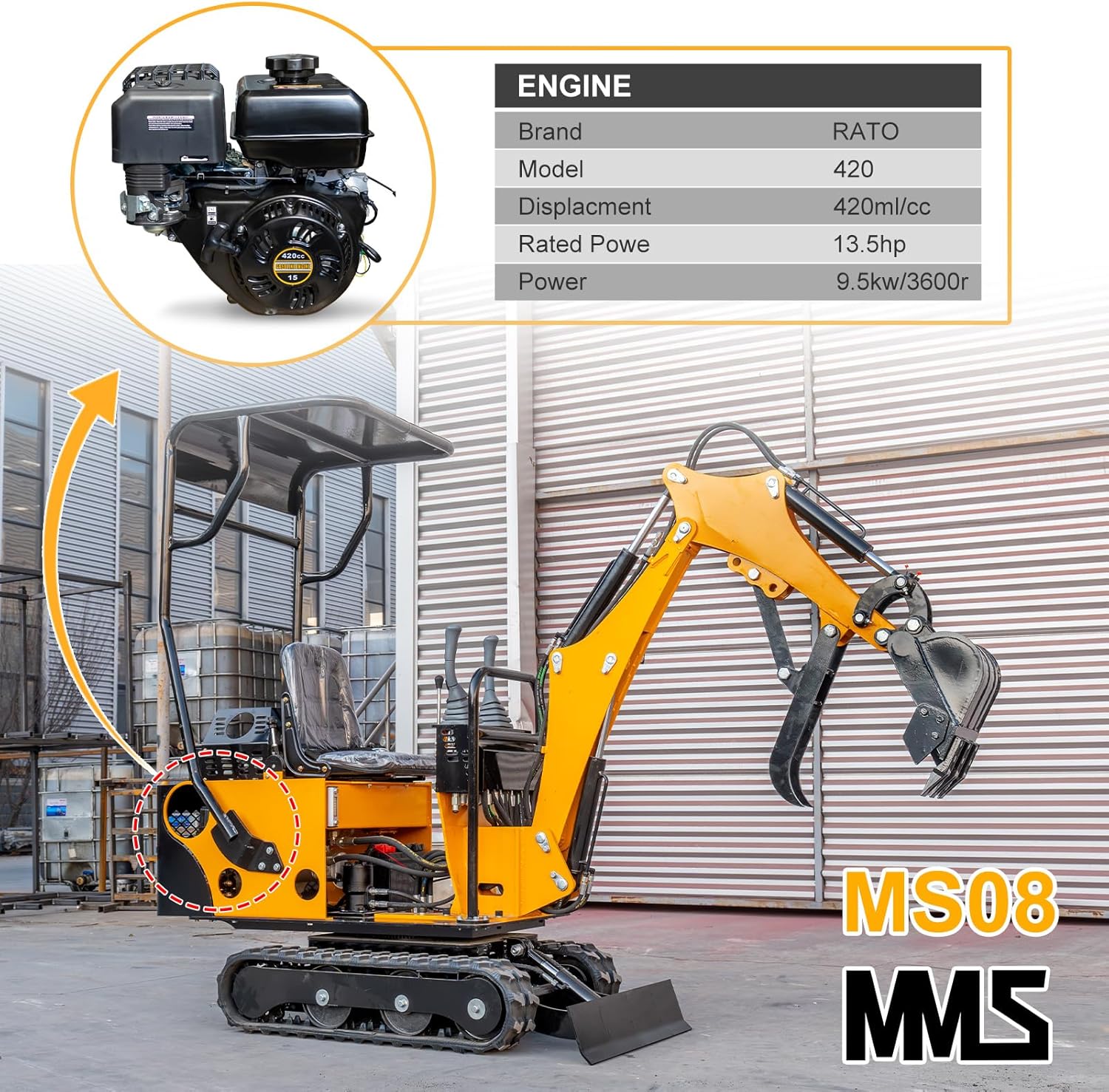 MMS 0.8 Ton Mini Excavator with 13.5HP Gasoline Engine, Bucket, Canopy, Mechanical Thumb Clamp, US Stock Compact Backhoe Digger Crawler Excavator for Trenches, Construction, Gardening Yellow