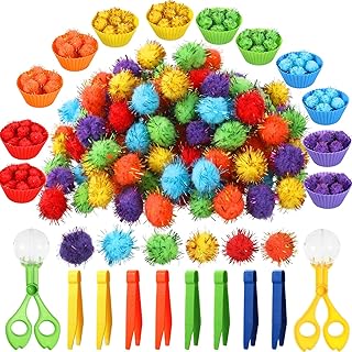 142 Pcs Fine Motor Toys Counting Sorting Sensory Bin Filler, 120 Glitter Pom Pom 8 Tweezers 2 Scissors Clips 12 Cups for Kids Early Education and Sorting Counting Training Development