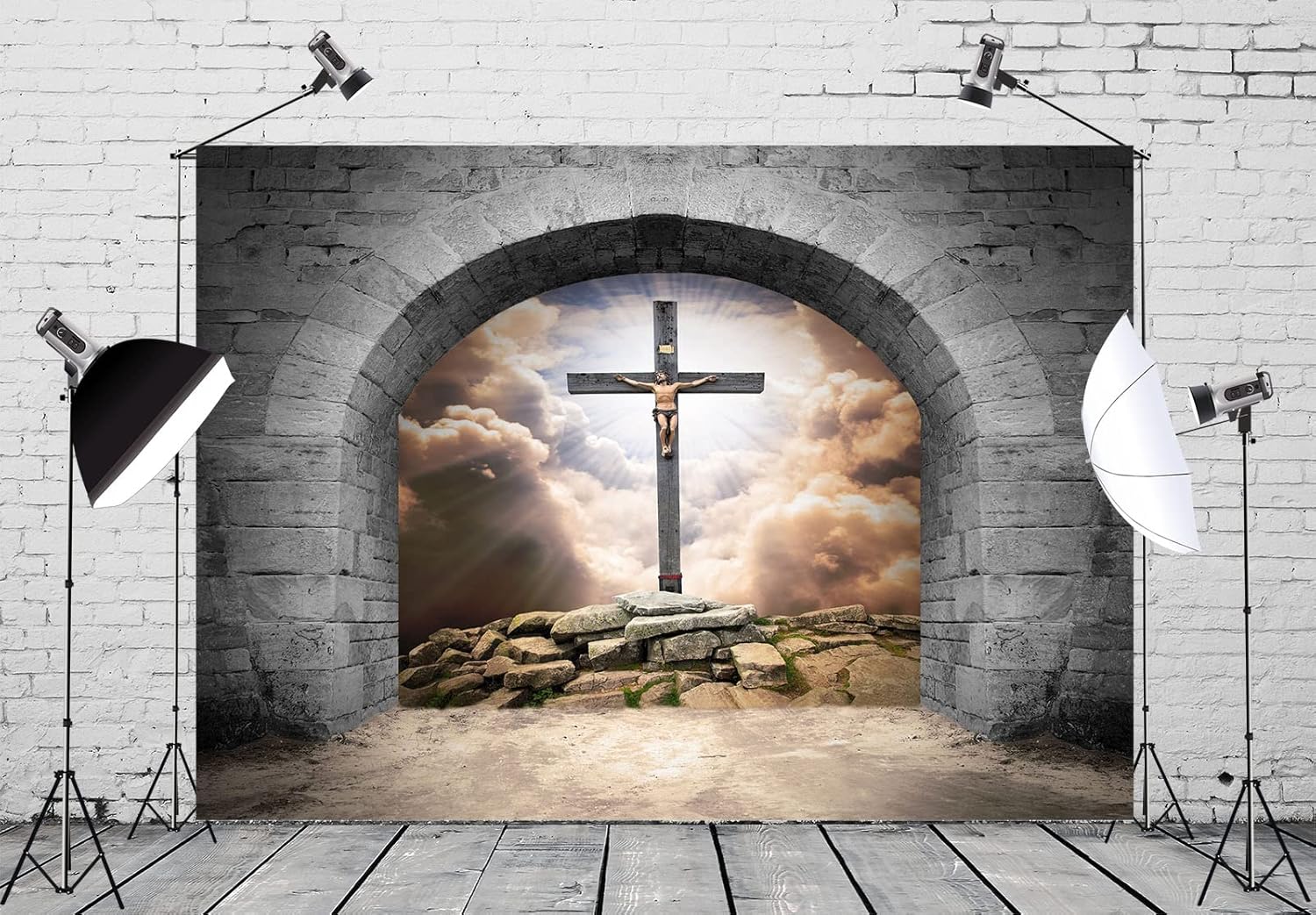 CORFOTO 10x6.5ft Fabric Cross Jesus Christ Holy Light Crucifix Backdrop Crucifixion of Jesus Christ Background for Resurrection Religious Church Banner Kids Adult Christianity Portrait Photo Props