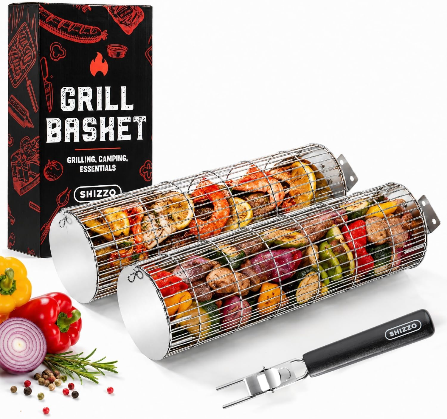 SHIZZO Rolling Grill Basket, Removable Wooden Handle, Extra Sturdy Cylinder Grilling Basket, Food Grade Stainless Steel, Portable Outdoor Camping accessories BBQ Net Rack, Cooking Griller for Fish, Vegetables, and More - Gifts for Men Dad Husband - Set of 2