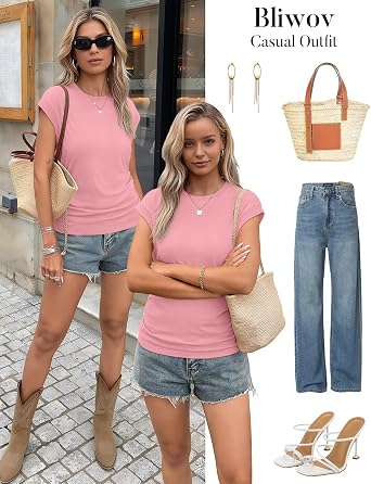 Bliwov Womens Summer Tops Cap Sleeve Crew Neck Casual T Shirts