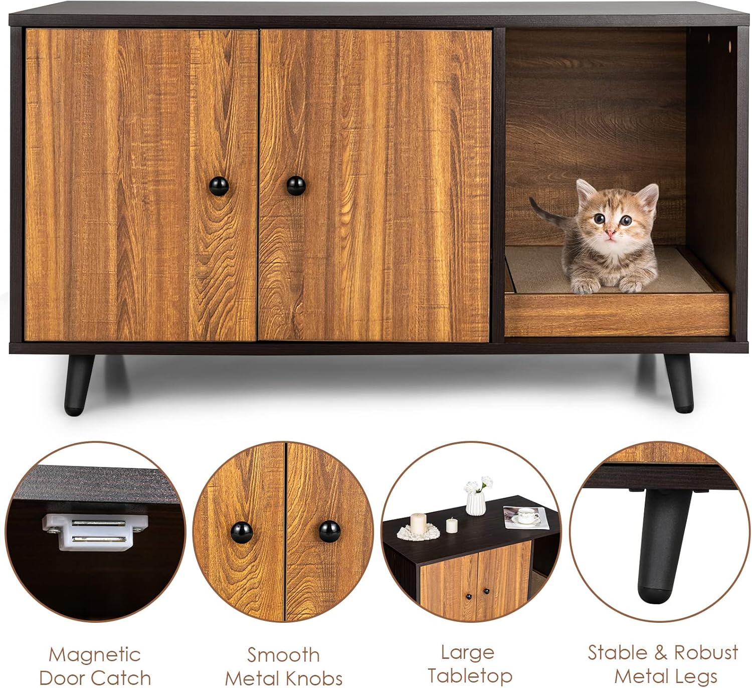 Tangkula Cat Litter Box Enclosure, Cat Washroom W/Divider, Scratching Pad, Metal Leg, Enclosed Cat Box Cabinet Pet House W/Double Doors, Litter Box Furniture Hidden for Large Cat (Walnut & Black)