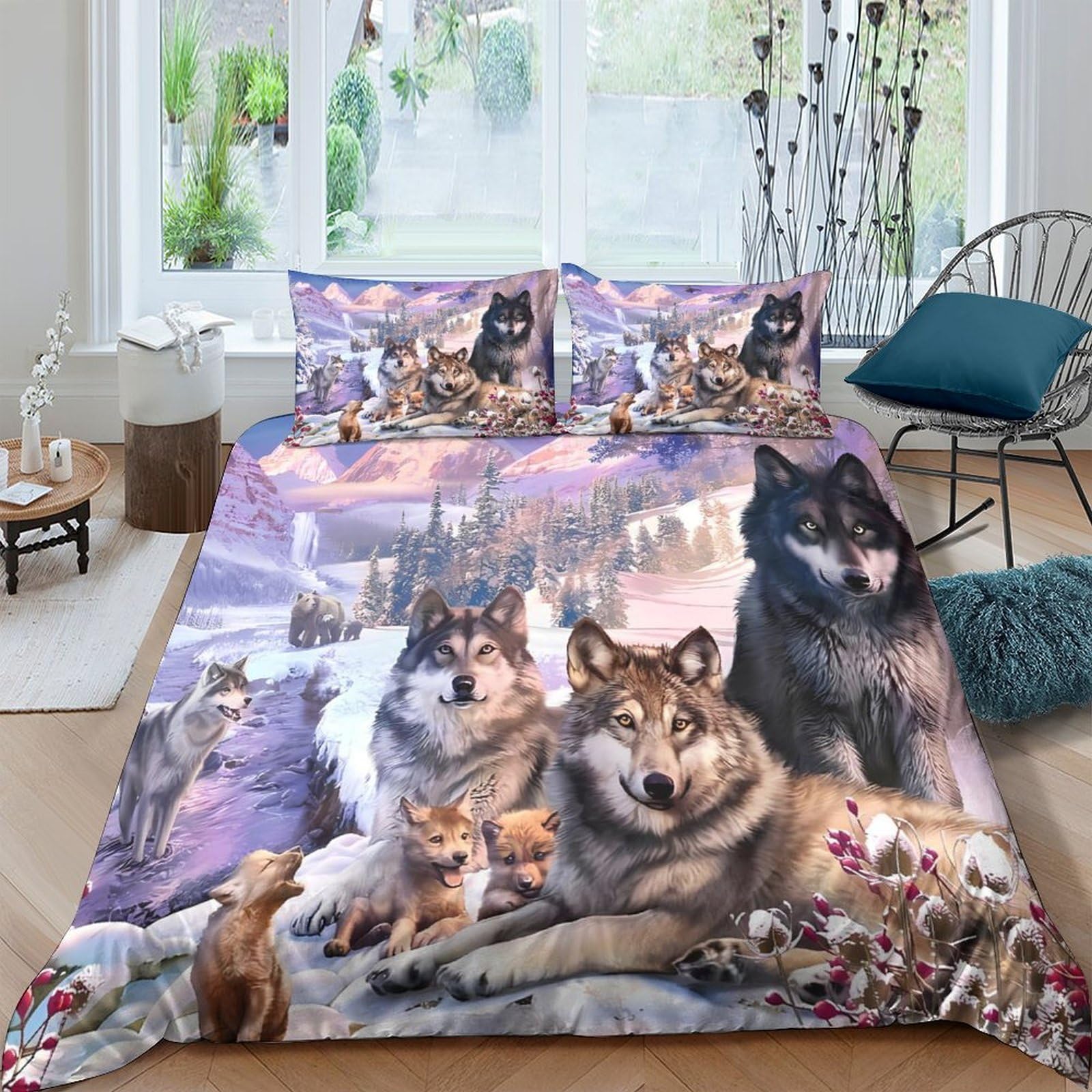 Ctjqhvkz Style-10 3D Printed Wolf Family Fitted Sheet Microfiber Soft Breathable Forest Landscape Mattress Cover For Bedroom Dorm Decor Single（135X200cm）