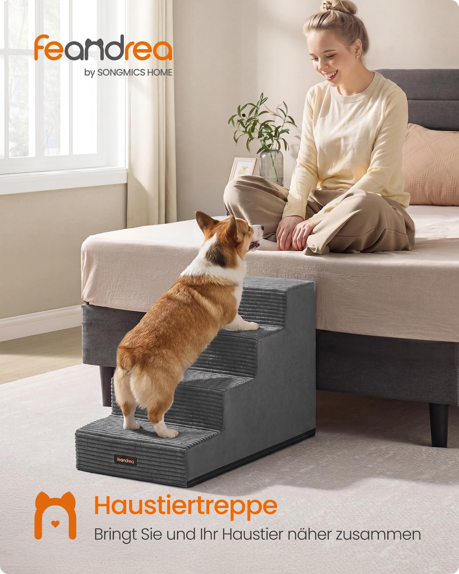 Feandrea Hundetreppe, 4 Stufen, aus Schaumstoff, 62 x 40 x 44 cm