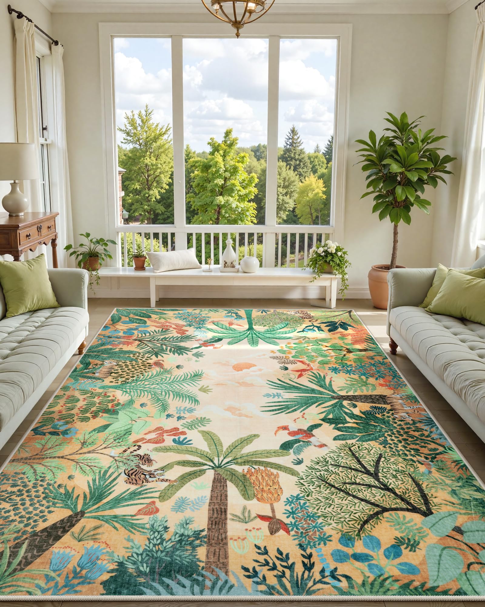 LIVEBOX Large 9x12 Forest Area Rug for Living Room, Soft Washable Sun Yellow Rugs for Bedroom, Non Slip Ultra Thin Floor Carpet Jungle Animal Print