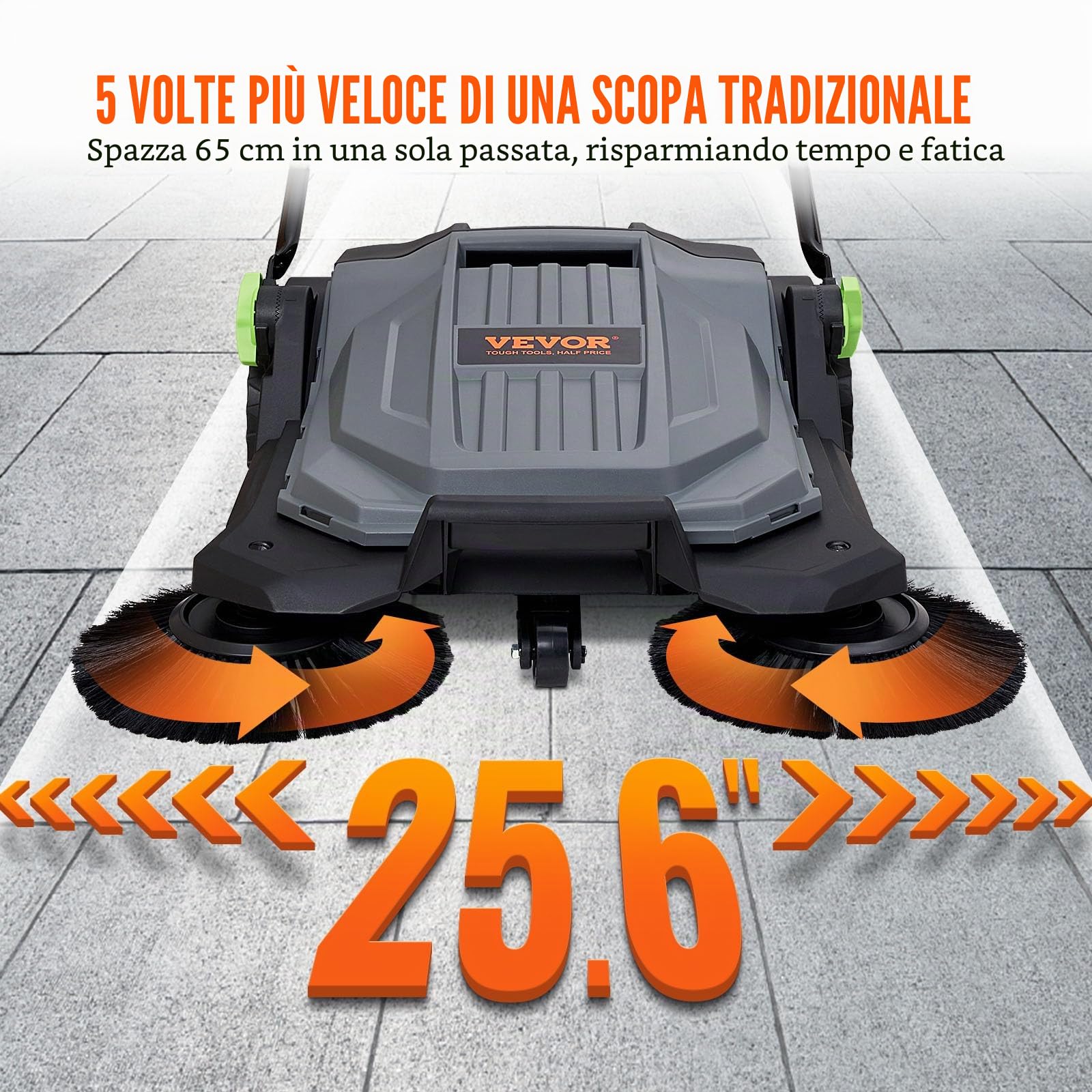 VEVOR Spazzatrice per pavimenti a terra manuale, larghezza 25,6" Spazzatrice per pavimenti manuale, contenitore per rifiuti da 5 galloni, maniglia in angolazione e altezza, cortile, garage, patio