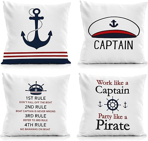 Juego de 4 fundas de almohada náuticas de 18 x 18 pulgadas, funciona como un capitán de fiesta como un pirata, para casa costera, hogar de verano,