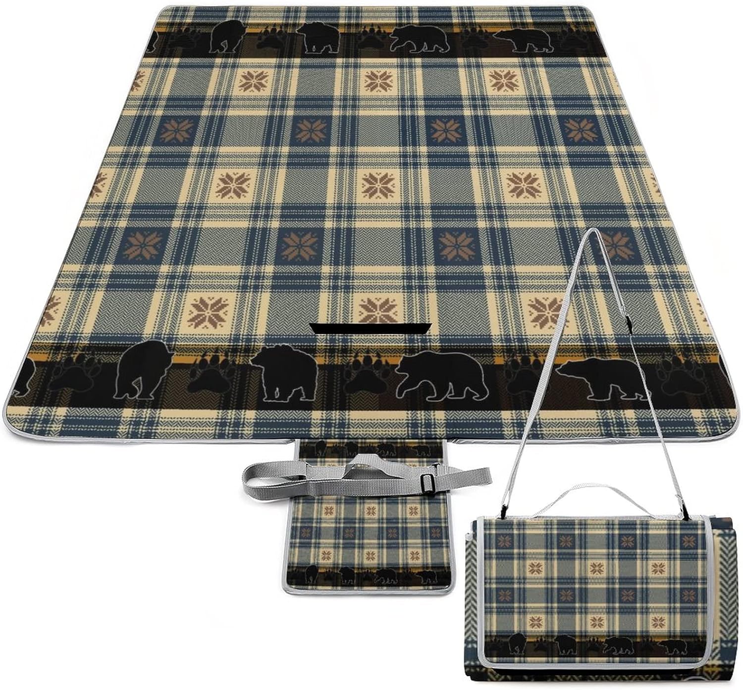 Vintage Black Red Plaid Check Beach Picnic Blanket Rustic Farmhouse Country Cabin Wildlife Bear for Outdoor Picnics, Beach, Camping 58.3x58.3 Inch