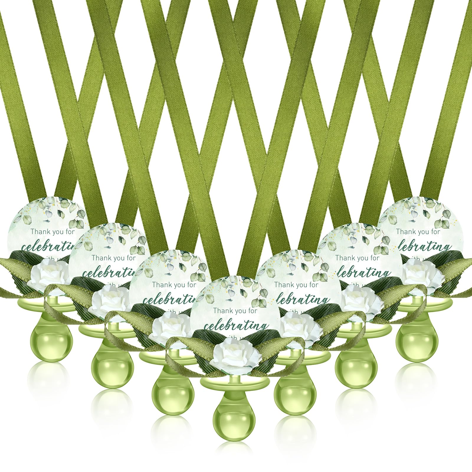 Coume 36 Pcs Sage Green Baby Shower Favors Acrylic Pacifier Necklace Thank You Gift Bulk with Cards for Guests Prizes Baby Shower Games Favors