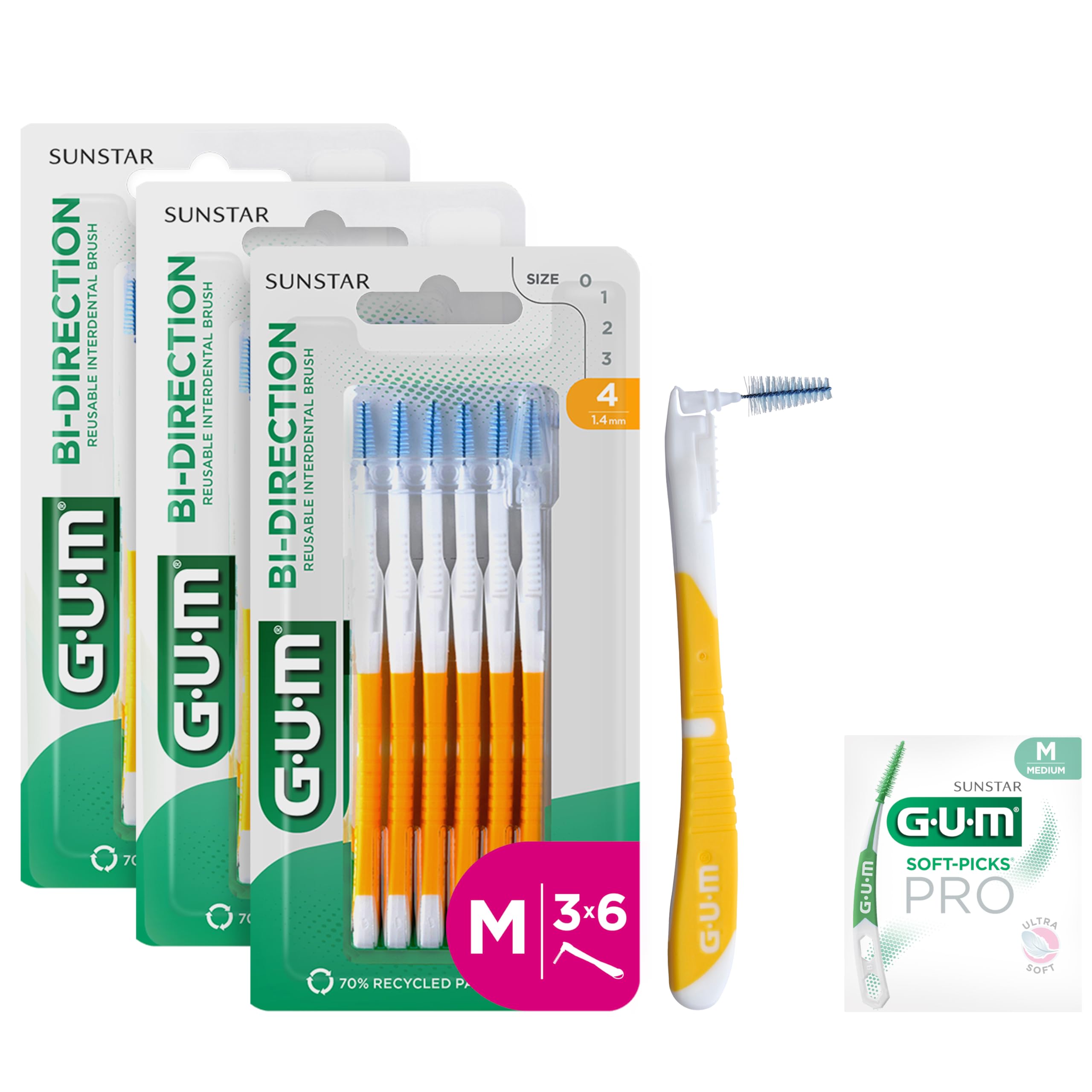 GUM BI-DIRECTION Scovolini interdentali a doppia posizione | Posizionamento a 90 gradi | pulizia dei denti e rimozione della placca | 1.4mm, ISO 4 | Taglia M |​ Confezione 3x6 + 1 campione gratuito
