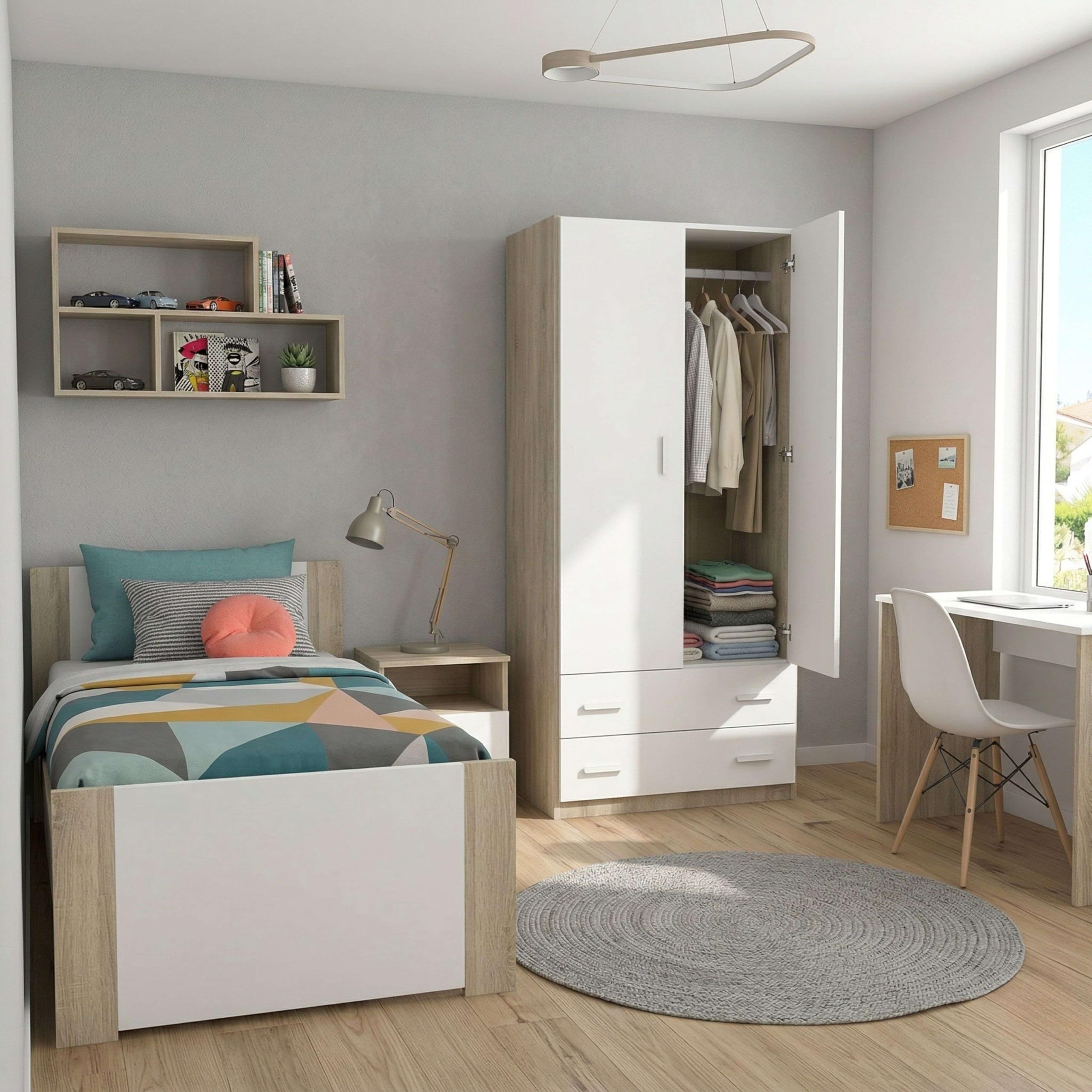 Miroytengo Armario Ropero Juvenil Turin Dormitorio 2 Puertas 2 Cajones Roble Cambrian y Blanco Mate 74x180x50 cm
