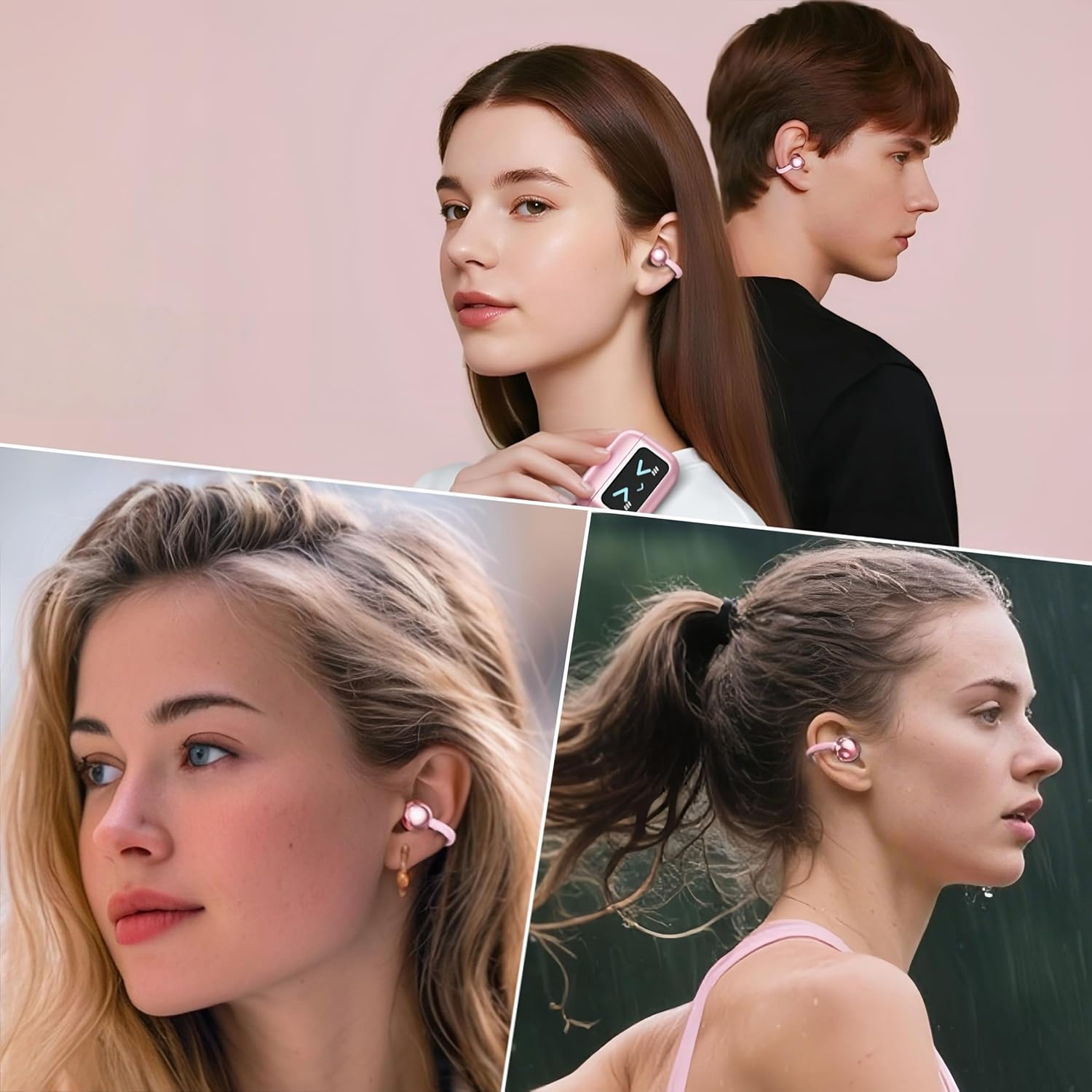 Open Ear Earbuds,Clip On Earbuds Wireless Bluetooth 6.0 with LCD Touchscreen, Lightweight Comfort Bone Conduction Headphones for Sports, Fitness, and Workouts, Rose Gold - Image 9