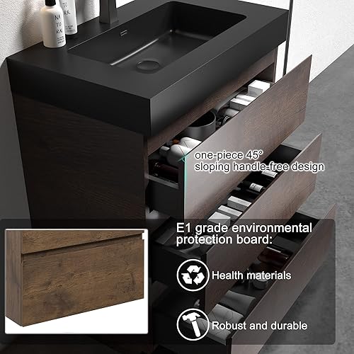 Miniatura 33 de Alice - Tocador de baño de 36 pulgadas con desbordamiento, gran almacenamiento, pequeño tocador para baño moderno, lavabo de una sola pieza, Negro