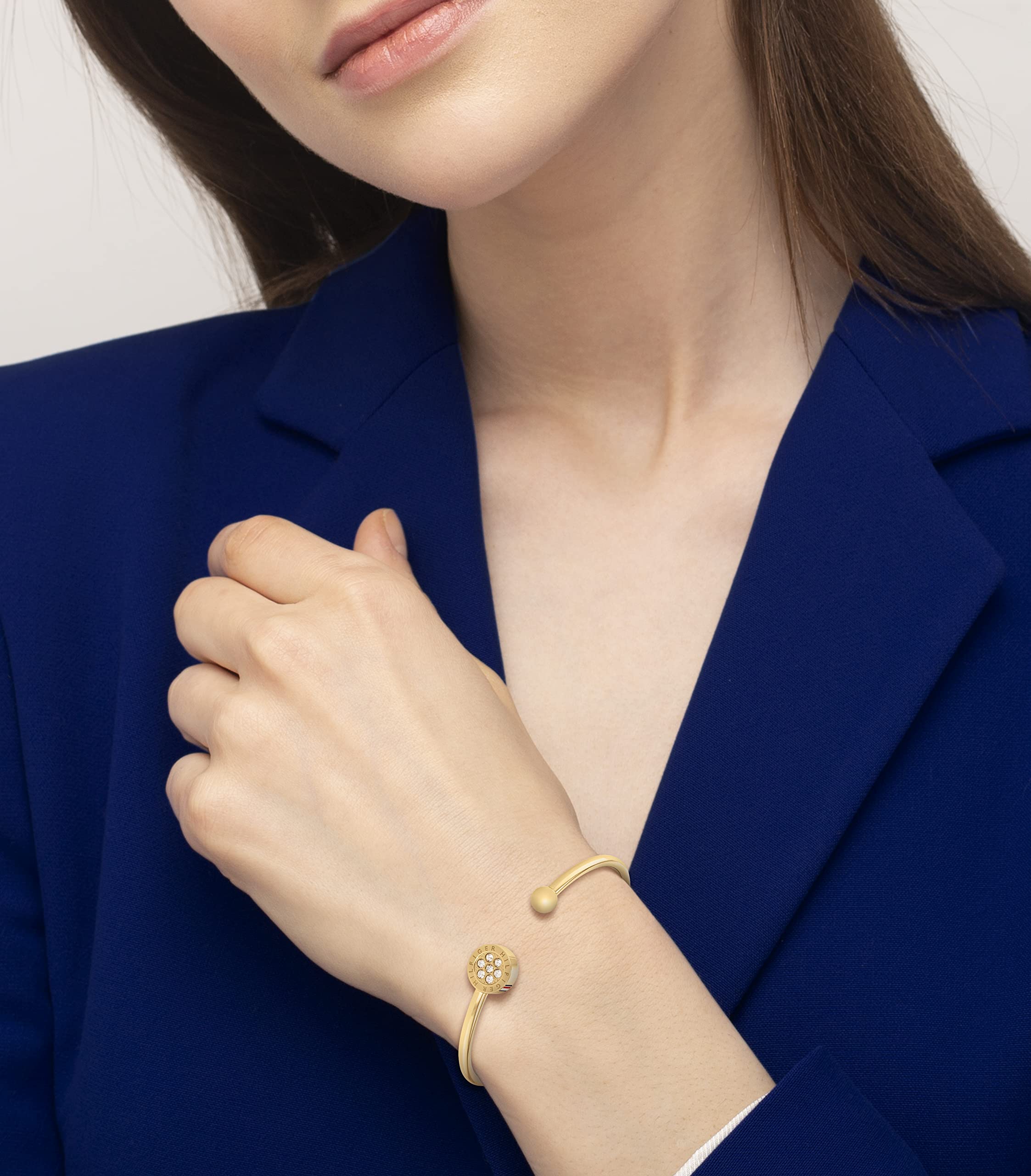 Tommy Hilfiger Jewelry Offenes Bangles Armband für Damen aus Edelstahl mit Kristallen - Erhältlich aus Gold, Nelkengold oder Silber